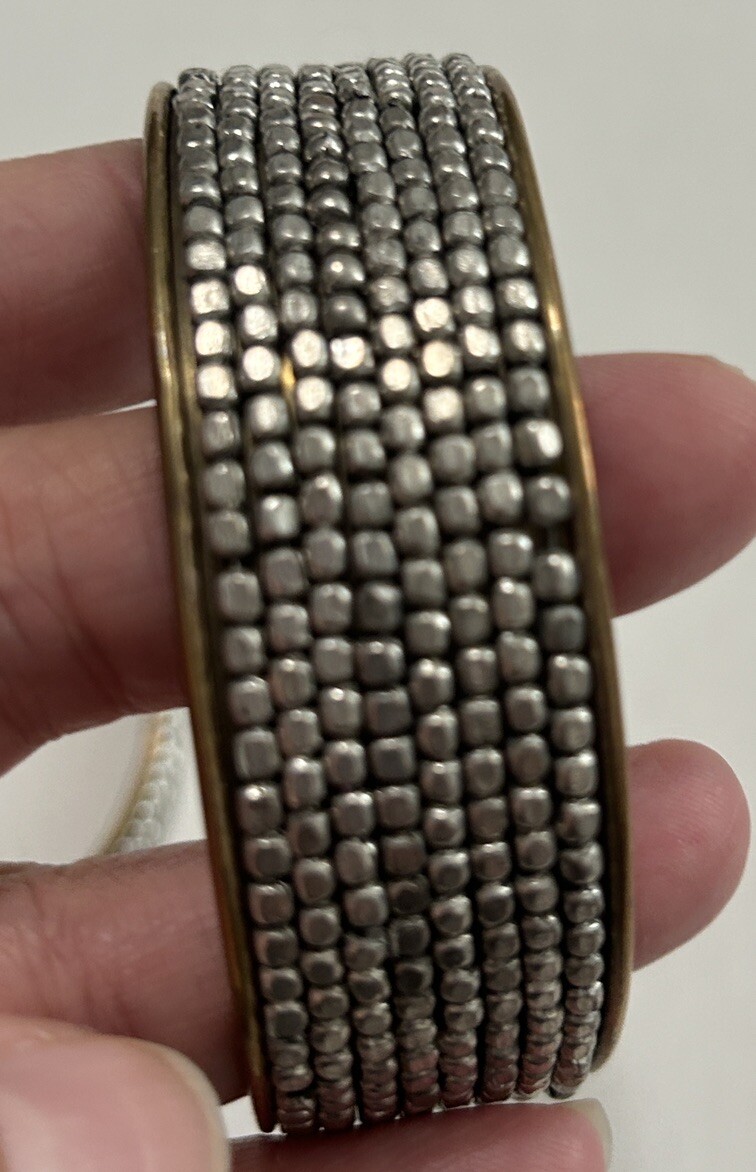 Vintage Silver Tone Metal Beaded Brass Bangle Set Of Two