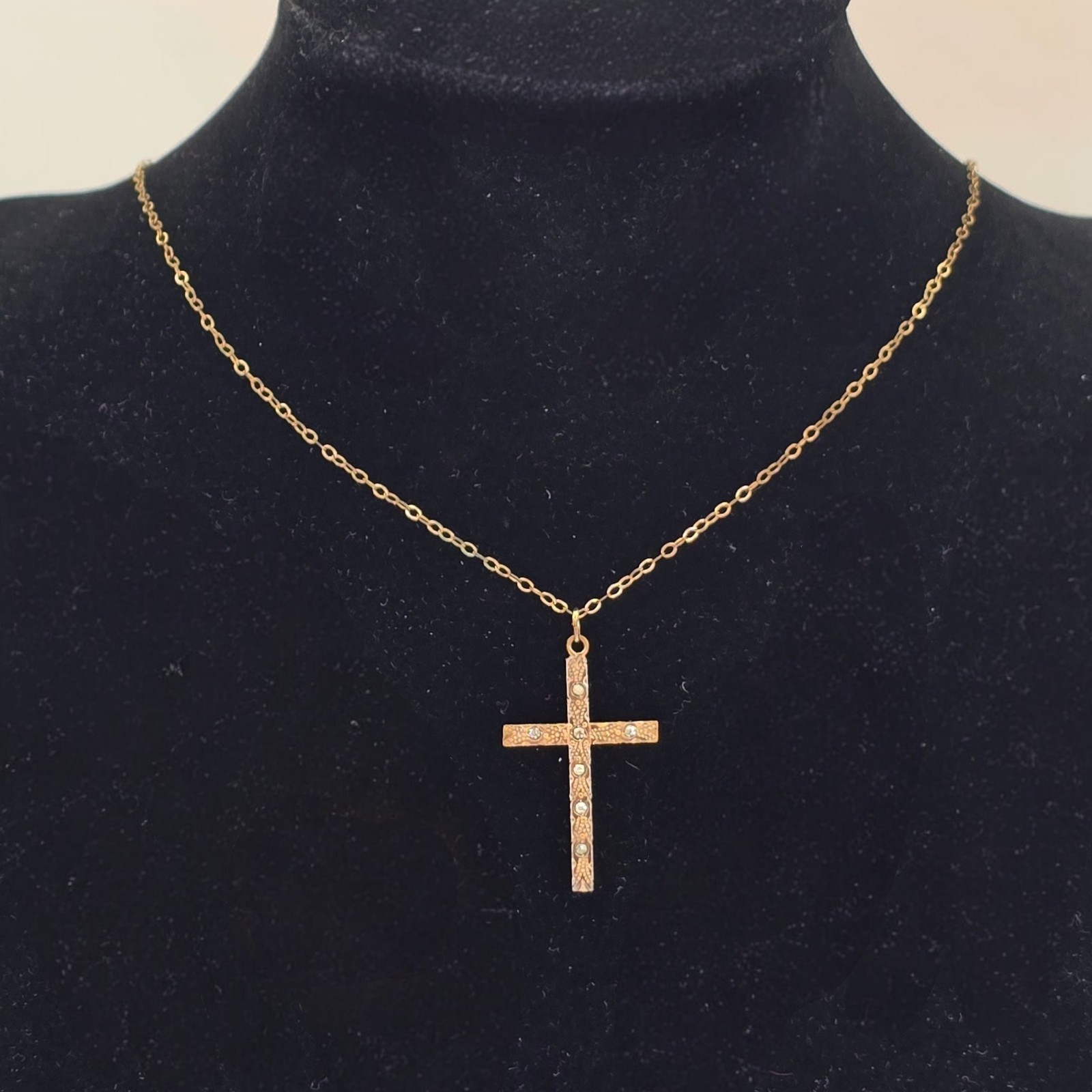Antique Victorian Gold Filled GF Rhinestone Religious Cross Pendant Necklace