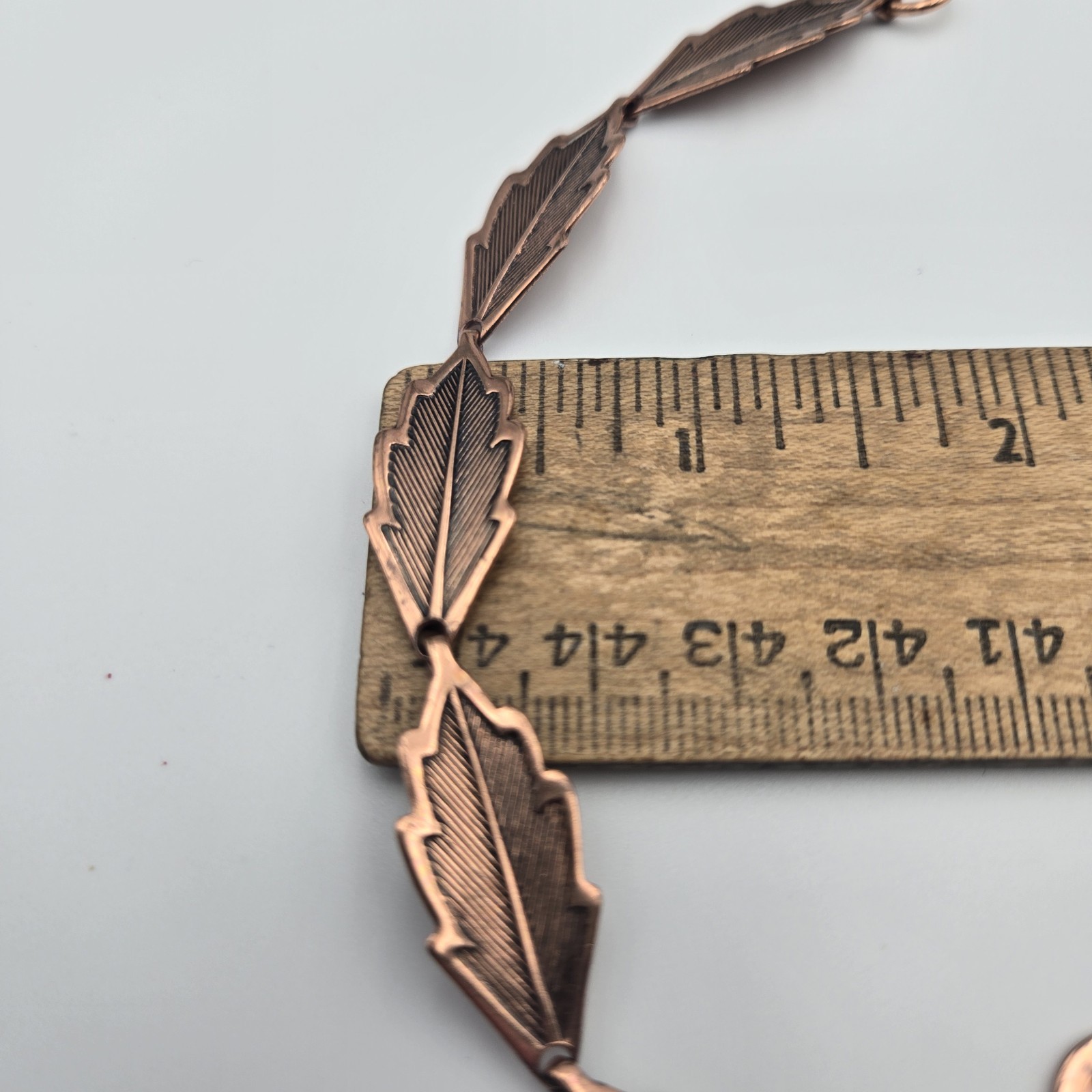 Vintage Copper Bracelet Etched Leaf Link Sister Hook Mid Century Modern MCM 8”