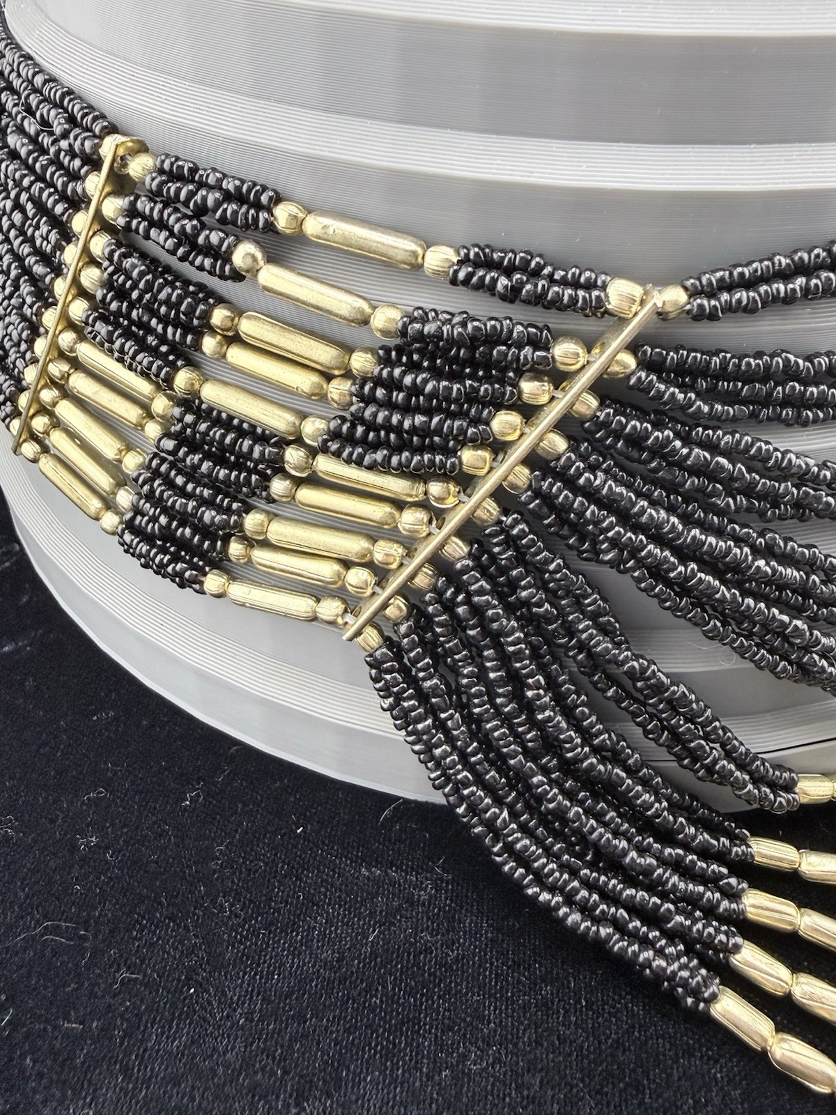 Vintage Black & Gold Multi-Strand Seed Beaded Statement Necklace – Stunning!