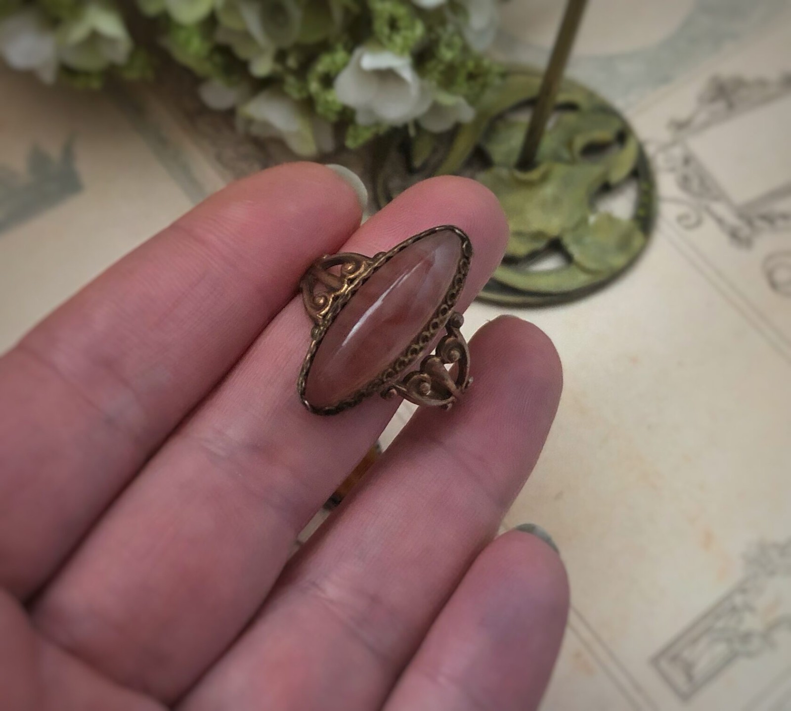 Estate Jewelry Marquise Ring Rare Vintage Soviet Agate Silver 875 USSR Size 10.5