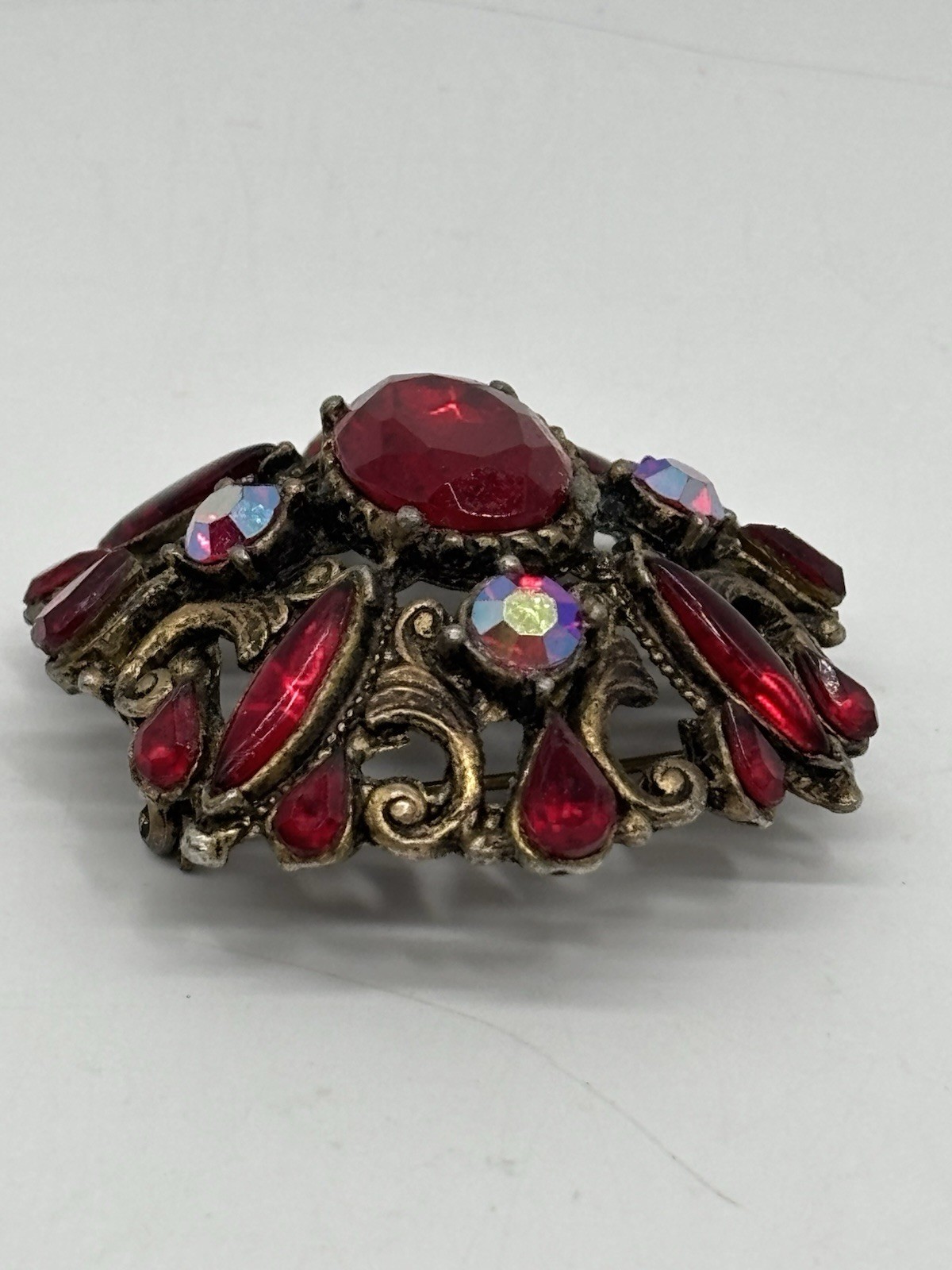 Vintage Red And Iridescent Rhinestone Brooch Antique Gold Tone 2”
