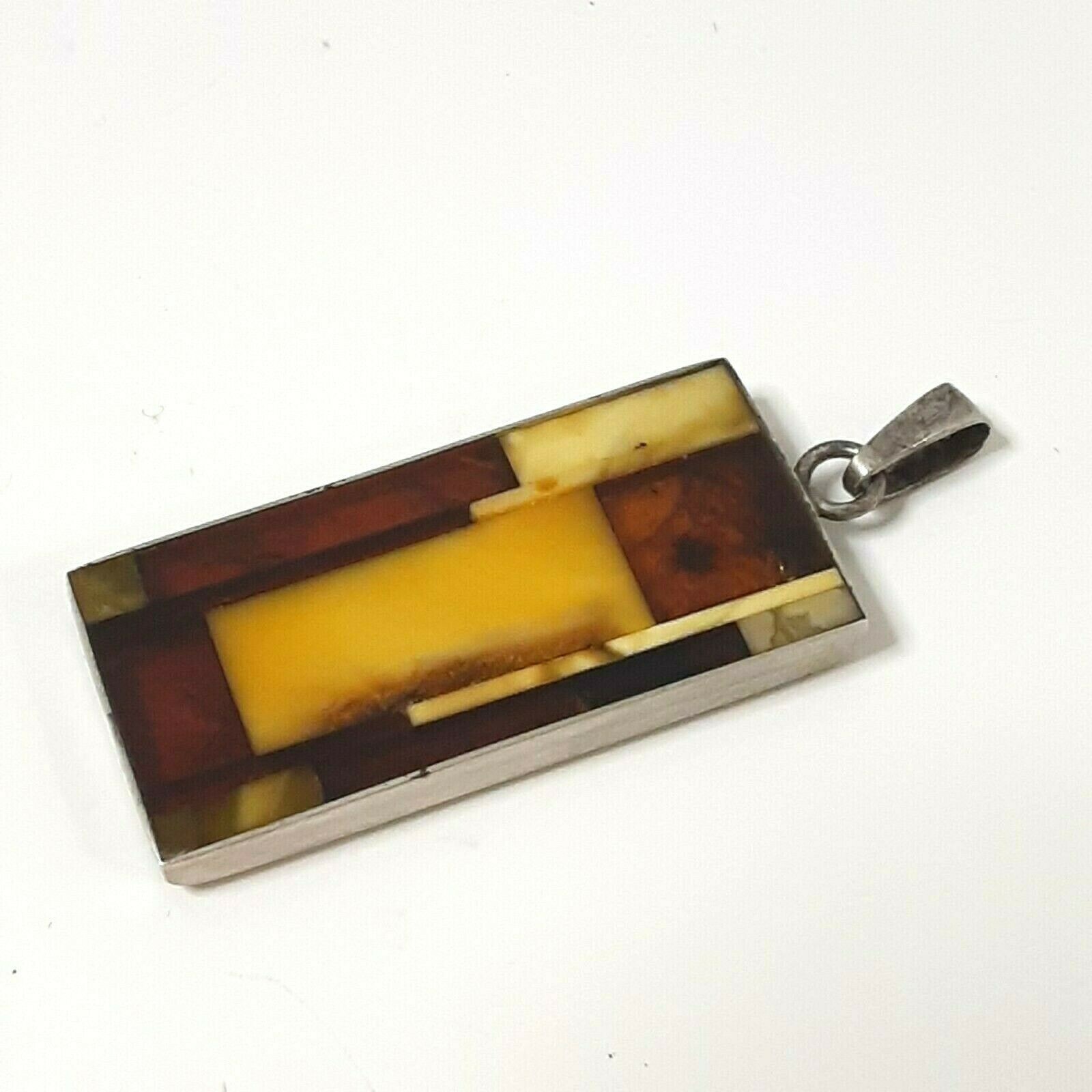 Vintage JZ Inlay Baltic Egg Yolk & Cognac Amber Sterling Silver Pendant Poland