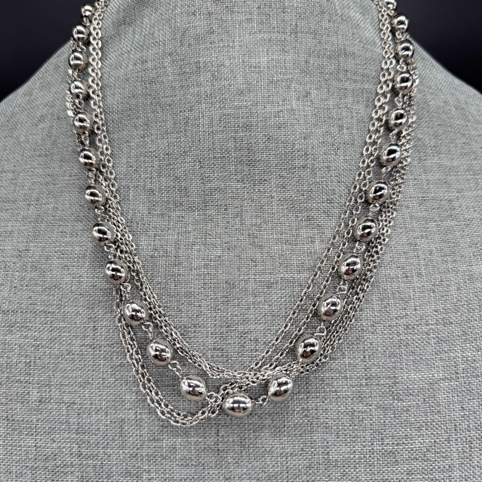 Vintage Necklace Silver Tone Chains and Beads Flower Clasp 23 Inches