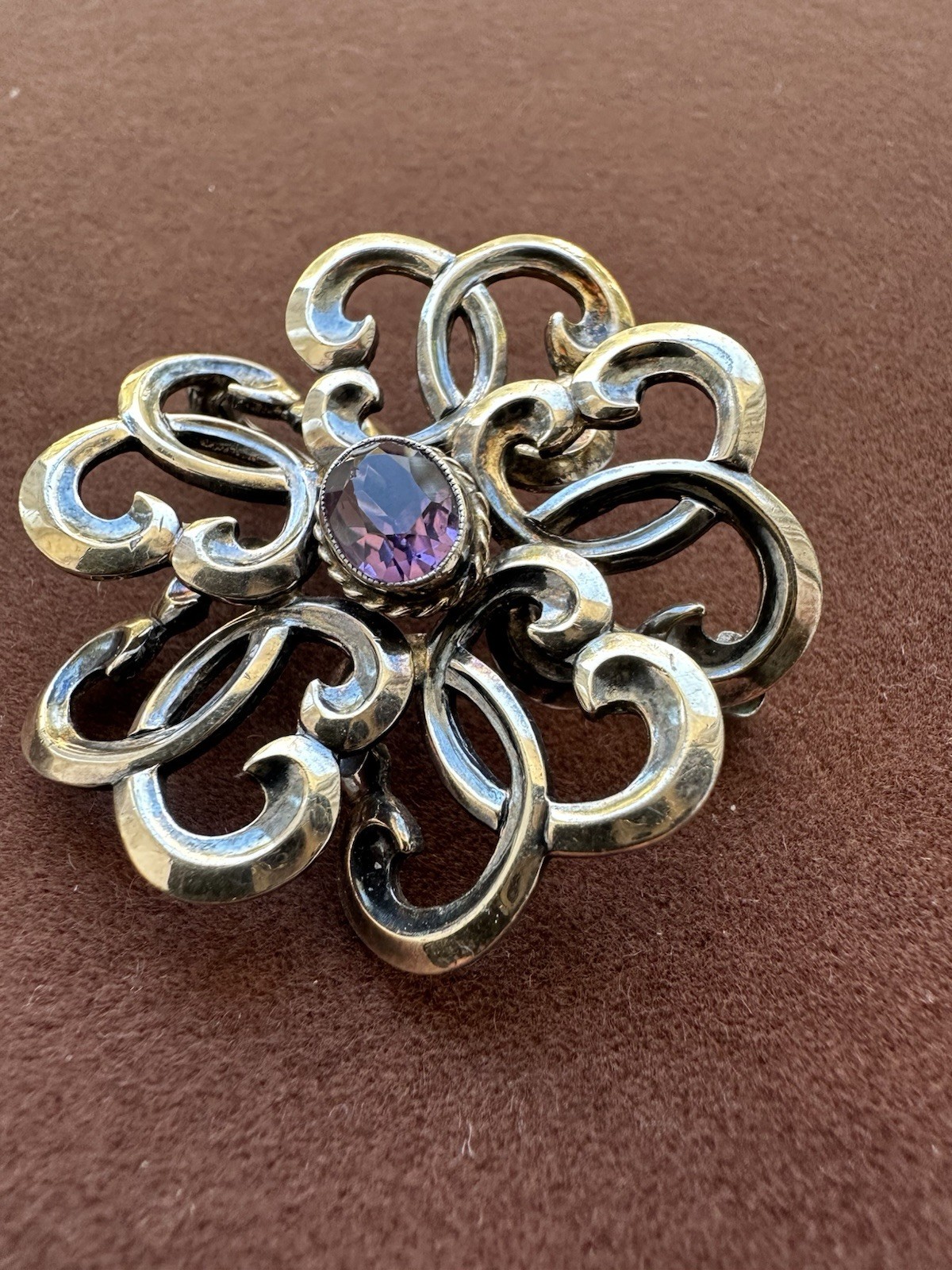 Vintage Victorian Sterling Silver Purple Amethyst Cabochon Gold Plate Brooch