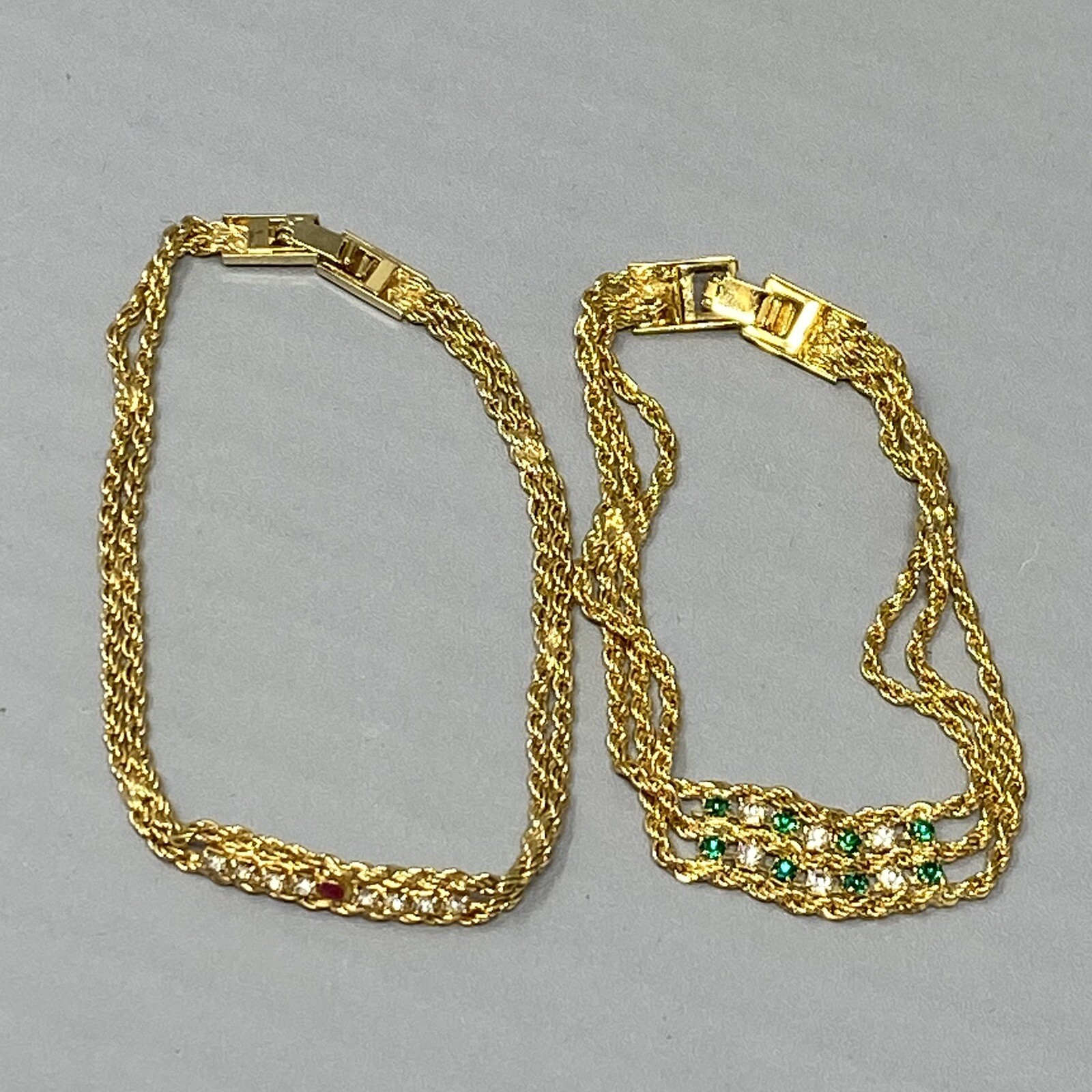 Rope Chain Tennis Bracelet Pair Gold Tone White Green Red Rhinestones 7-7.5″