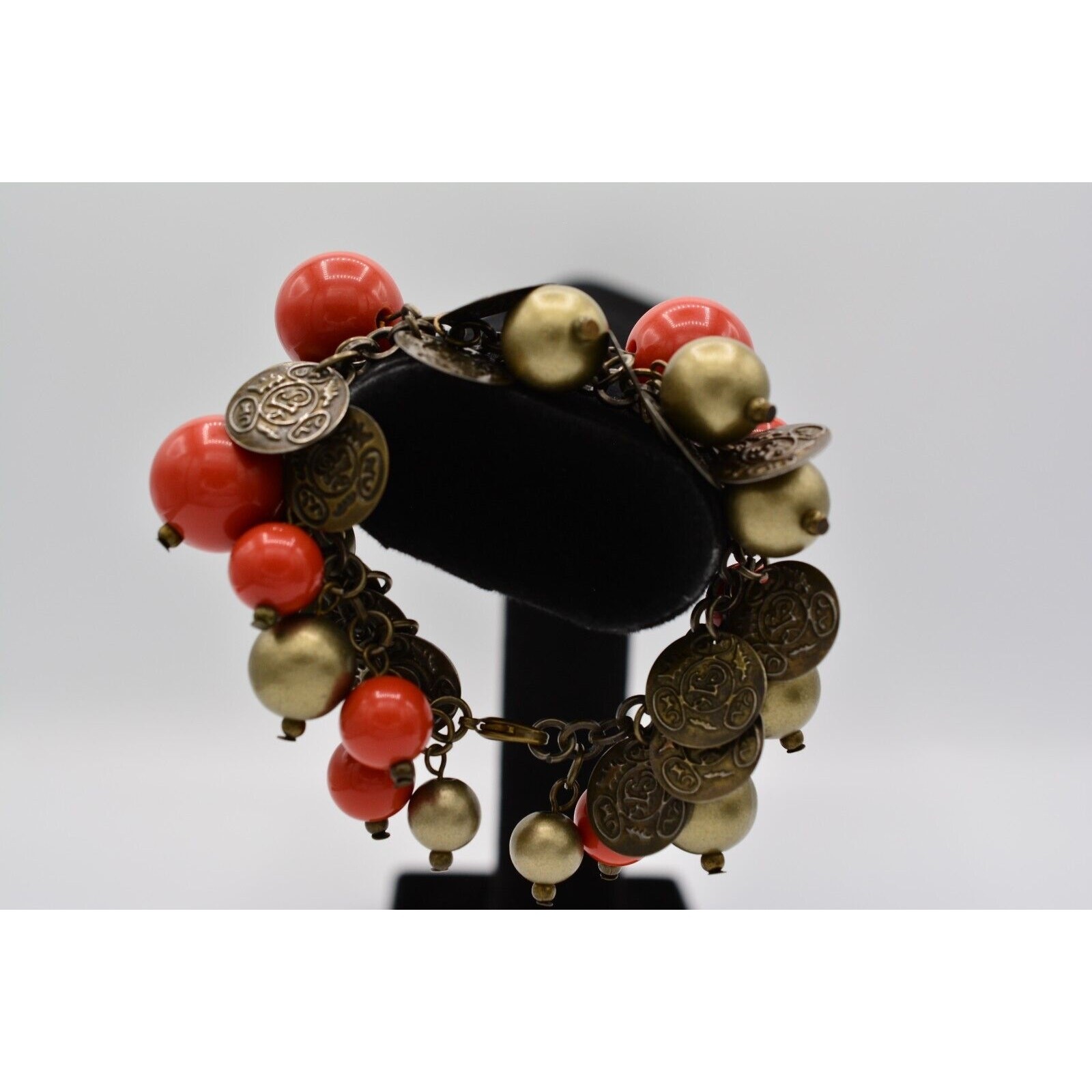Vintage Dangle Coin Charm Bracelet Rustic Brass Orange Gold Beaded Chunky Bin7