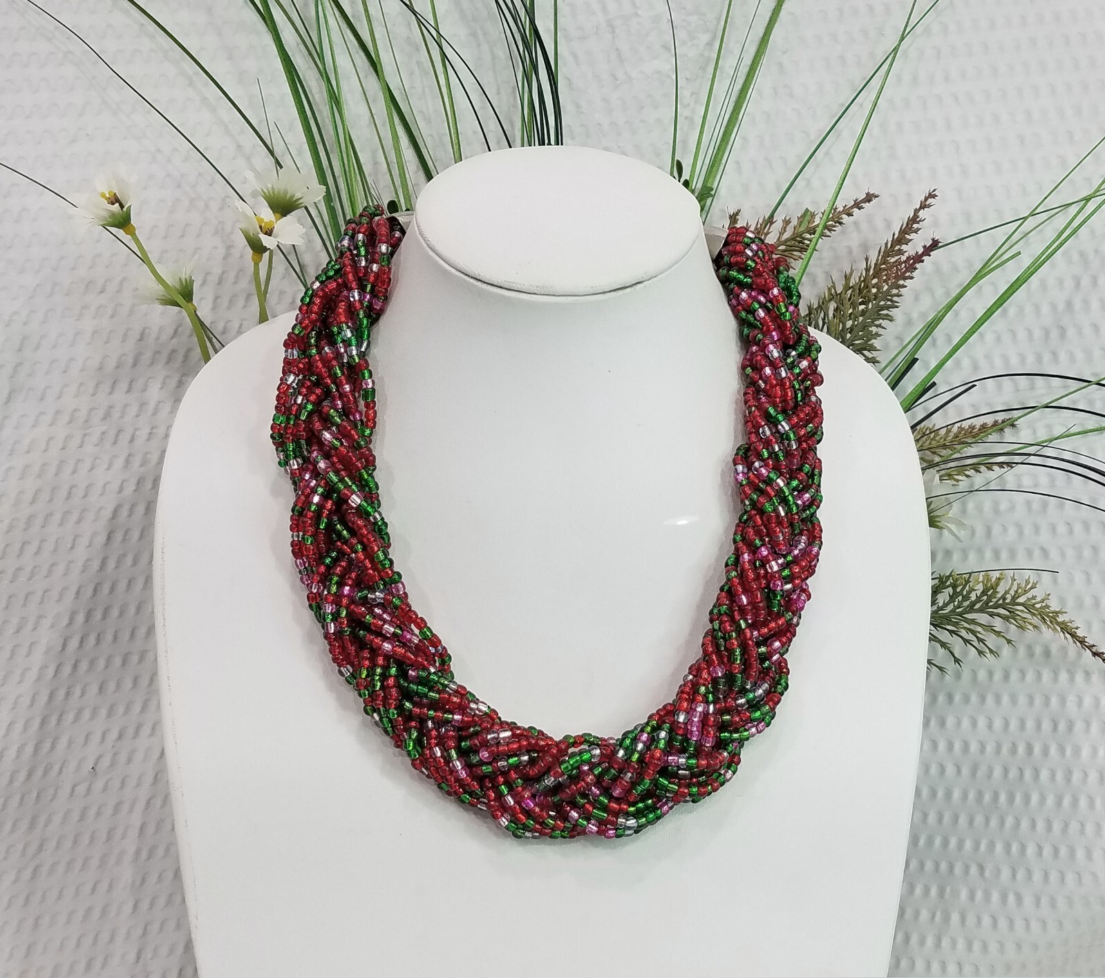 Vintage Signed You & I Burgundy Pink and Green Braided Seed Beed Choker Necklace