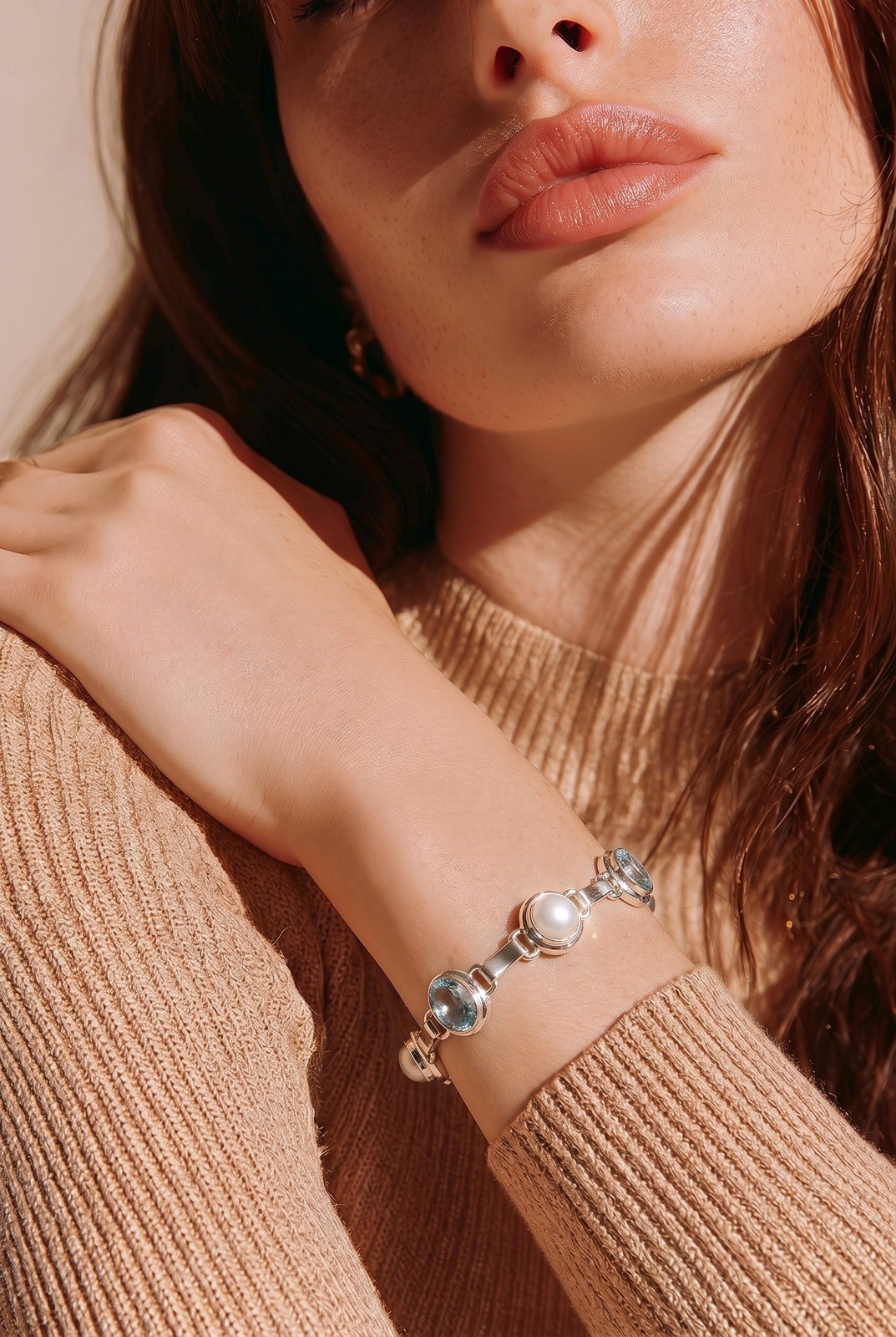 Blue Topaz Bracelet Pearl Sterling Silver Link Gemstone Bezel 925