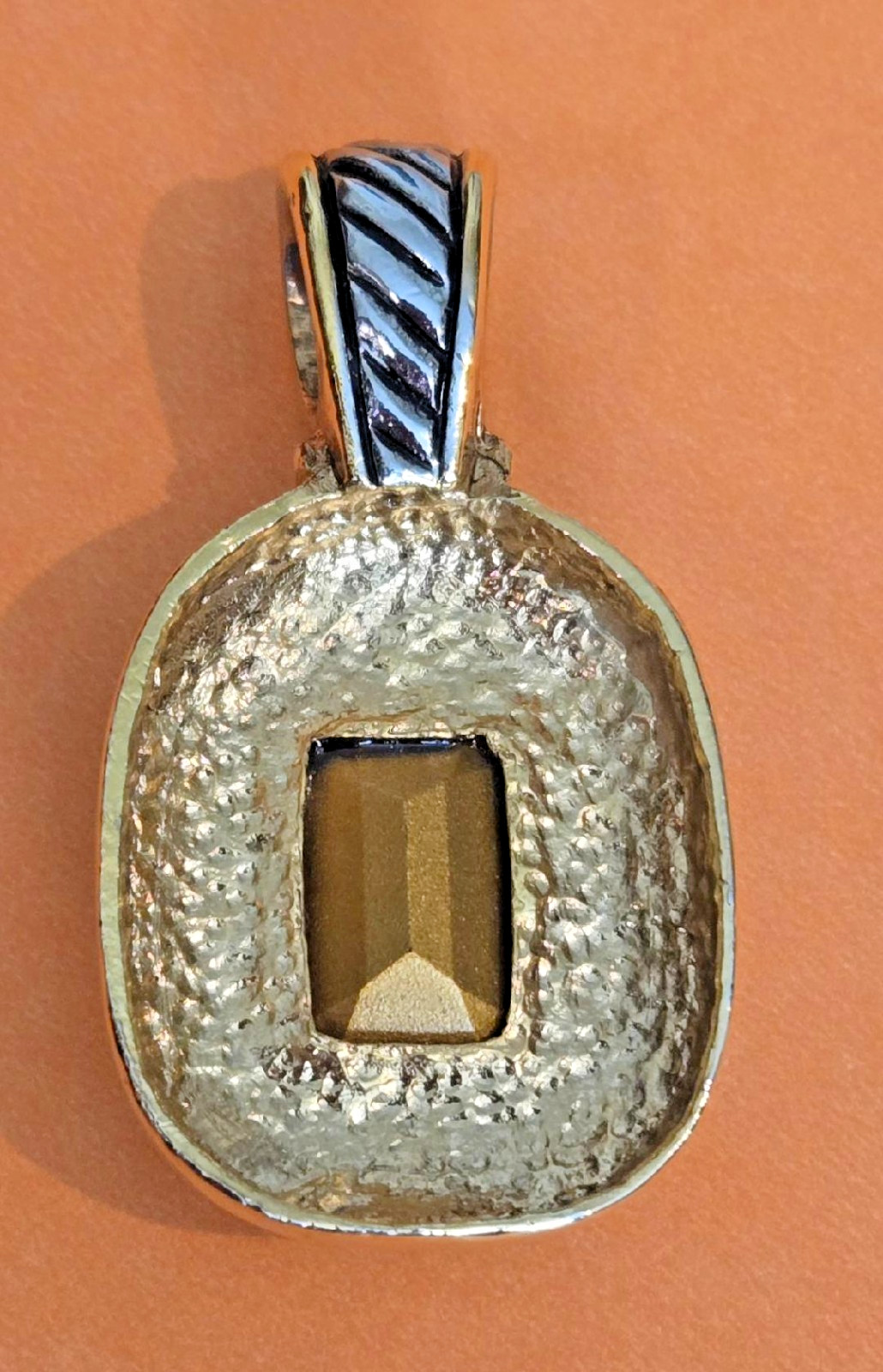 VTG. Silver/Gold-Tone HEAVY Textured Rope Design Amethyst-like Purple Pendant