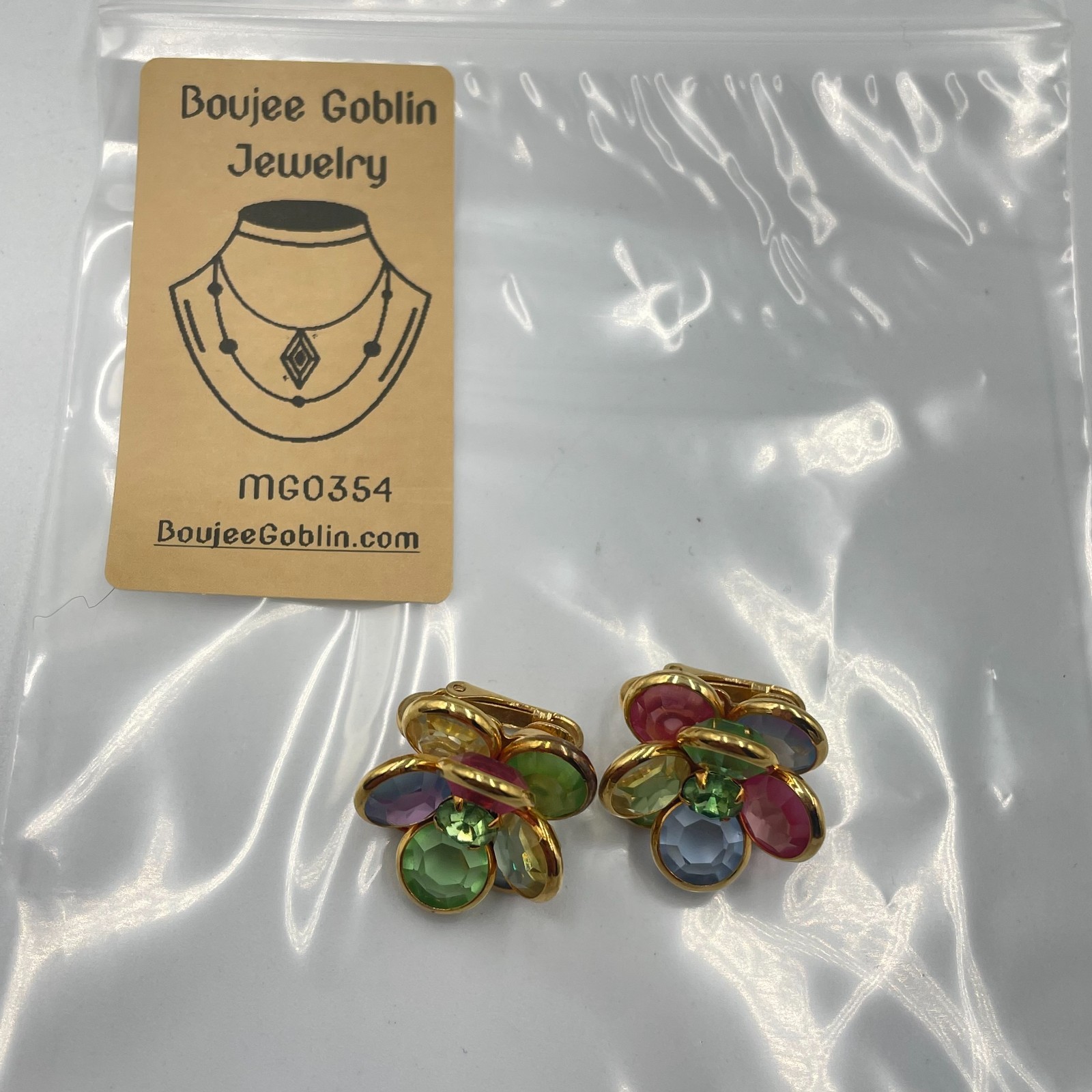 Vintage Multi Color Rhinestone Pastel Flower Clip On Earrings Gold Tone Retro