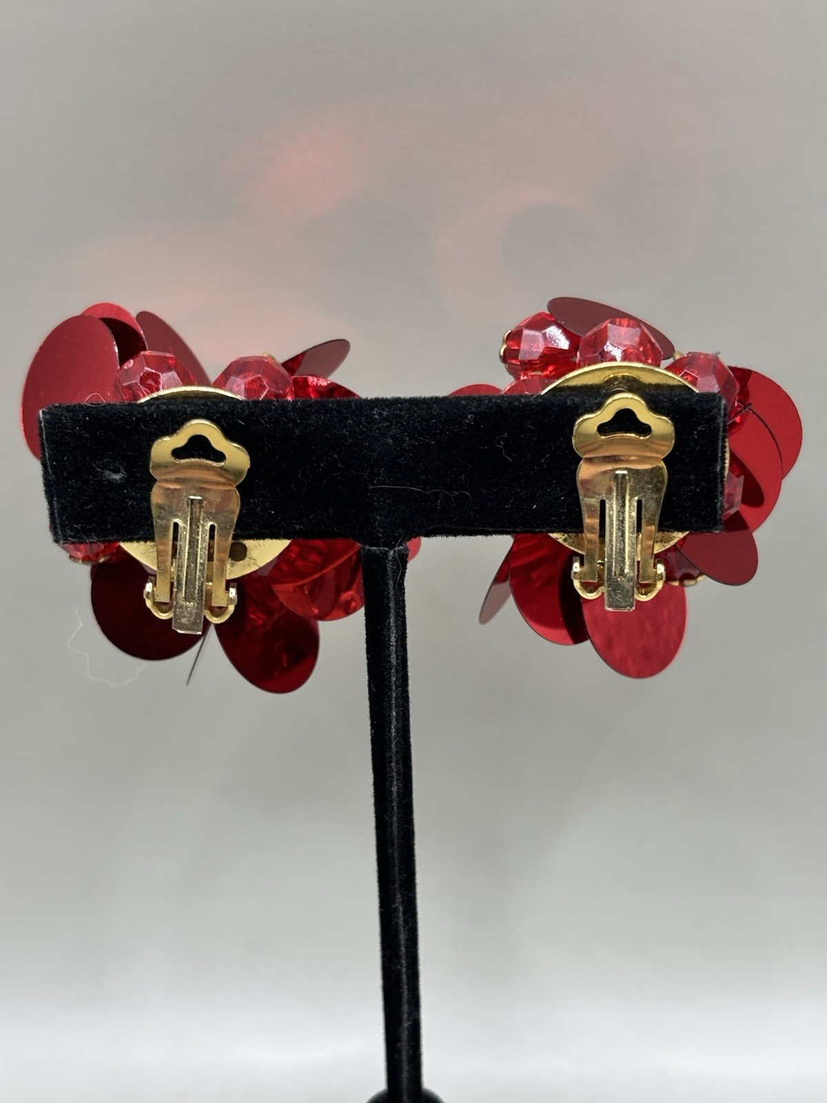 Vintage 1980’s Dauplaise II 2 Pair Sequin Beaded Clip Earrings Red Fuchsia/Pink