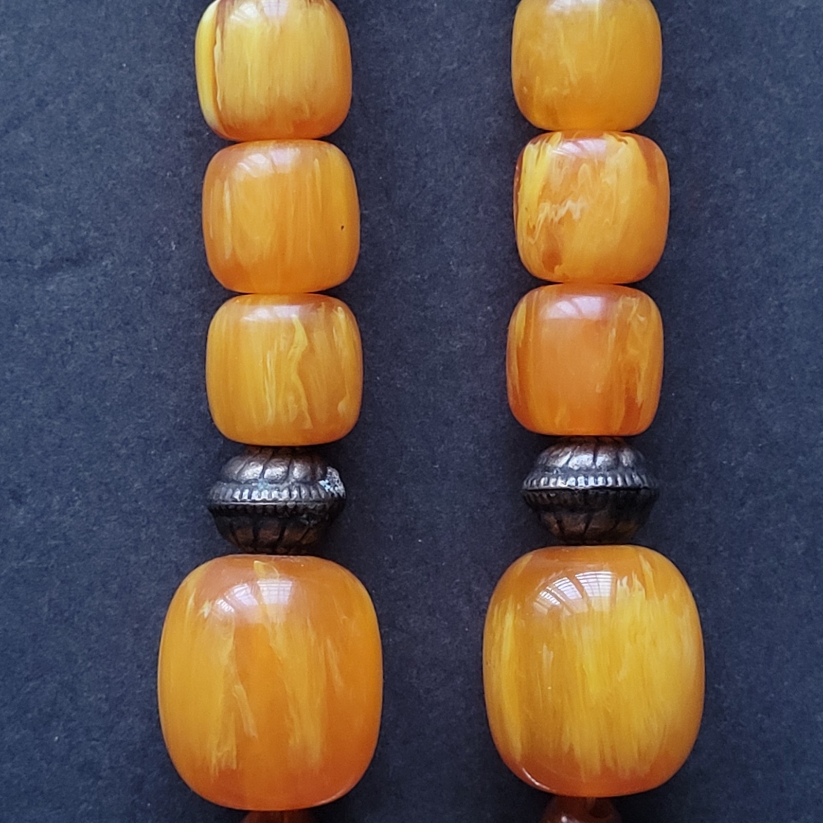 Vtg Pressed Amber Resin ? Prayer Beads Necklace Silverplate Pendant Moroccan