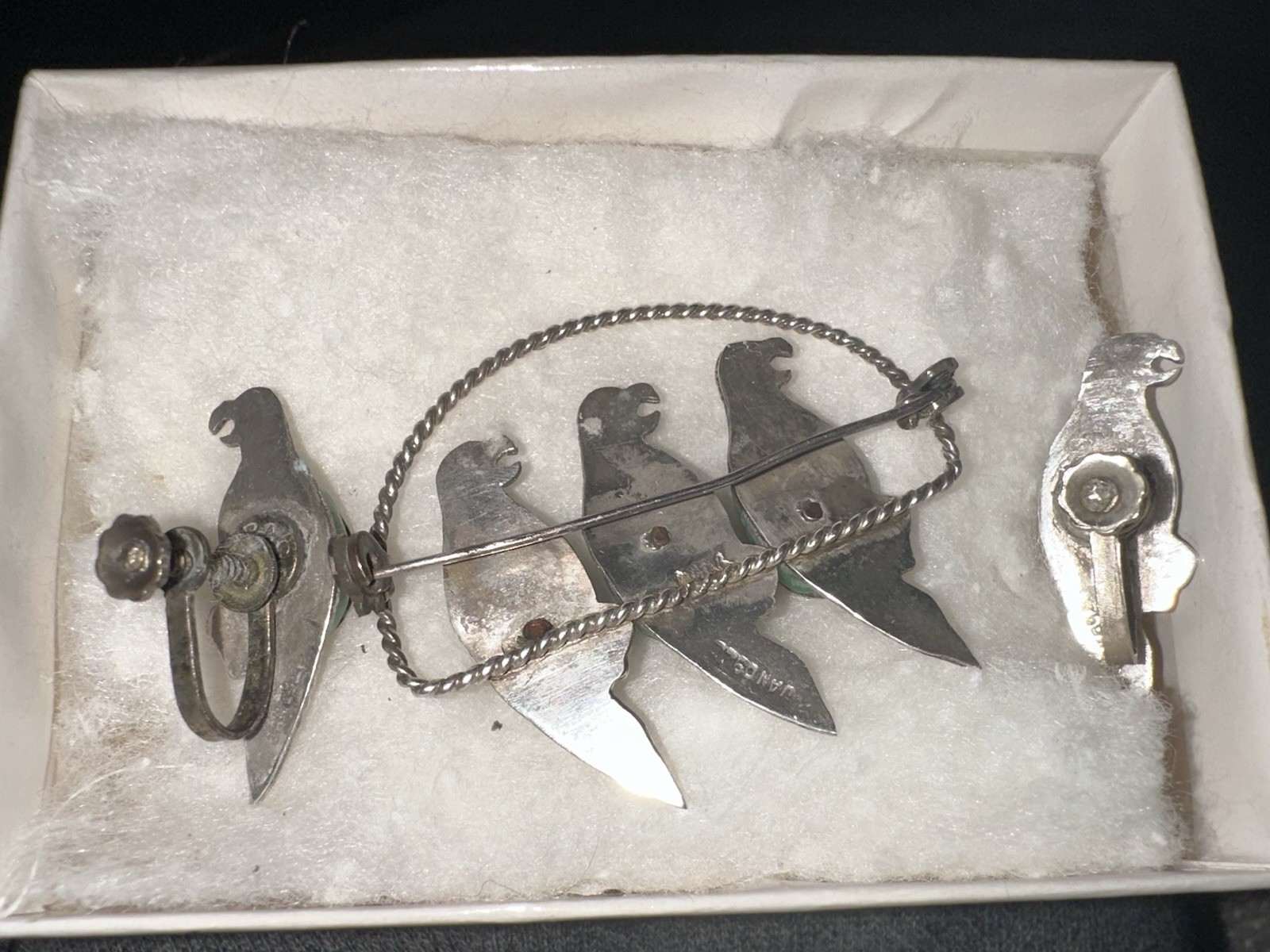 1940’s Parrot Motif Sterling Silver Jewelry Set Green Stones Brooch & Earrings