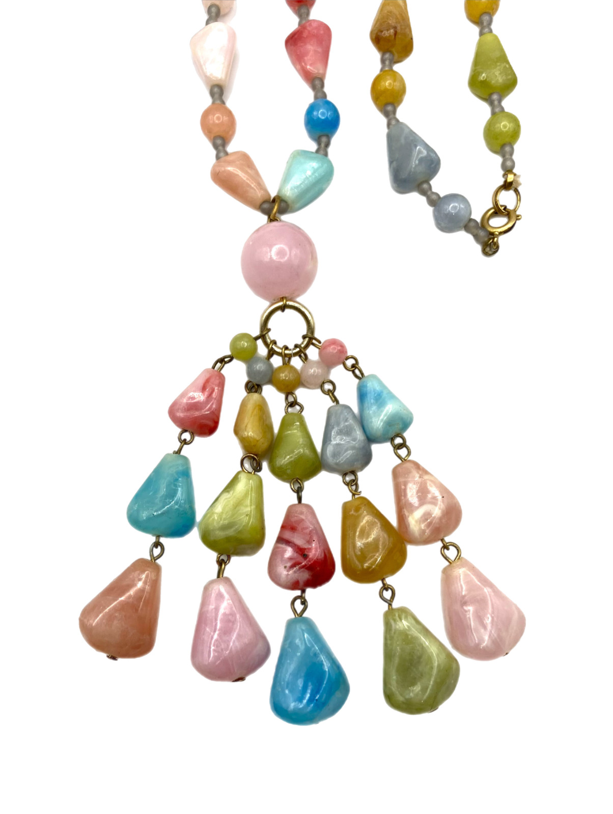 Vintage Chunky Pastel Multi-Color Beaded Tassel Pendant Necklace Plastic 30″