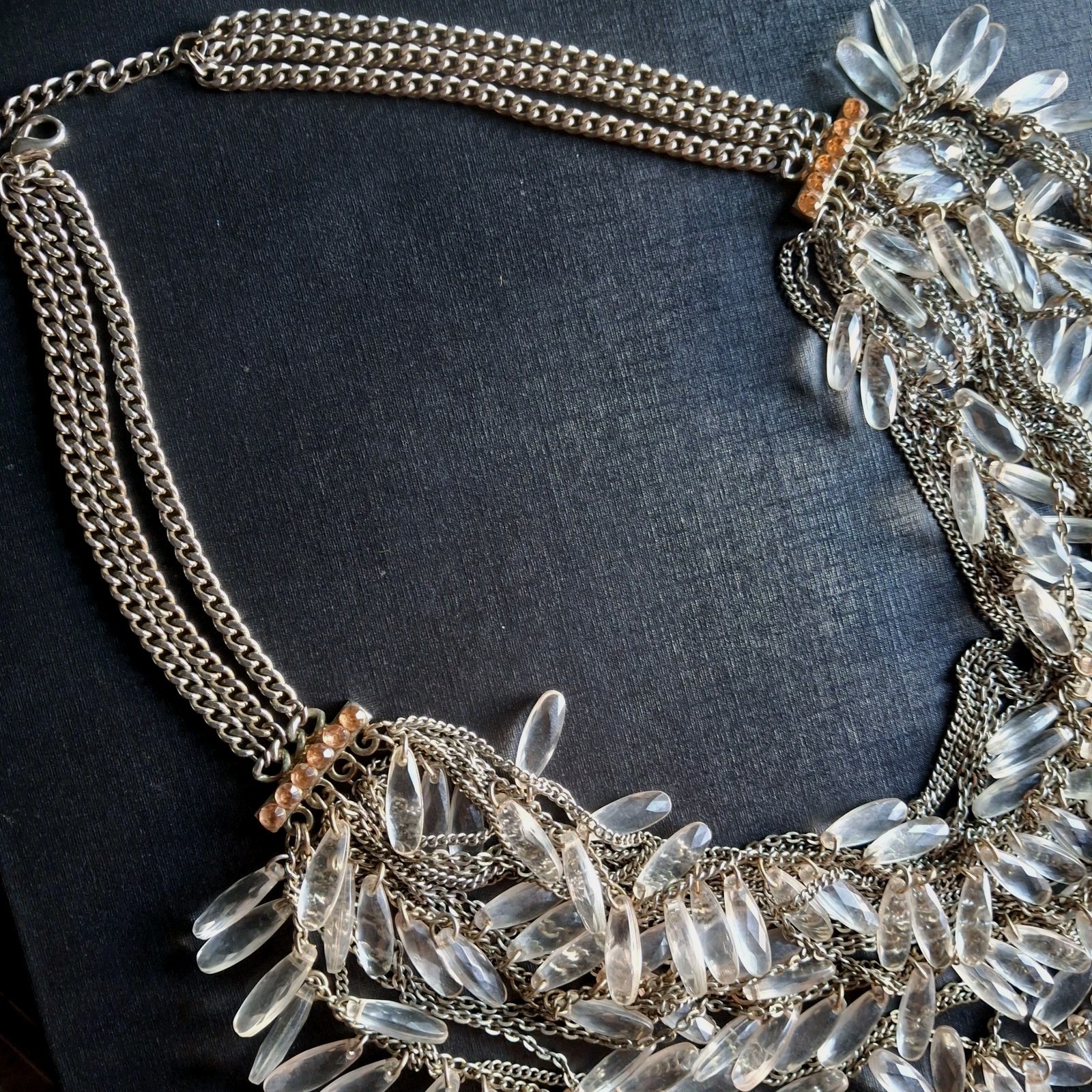 VTG Statement Bib Necklace Multi-Strand Fringe Featuring Clear Lucite Teardrops