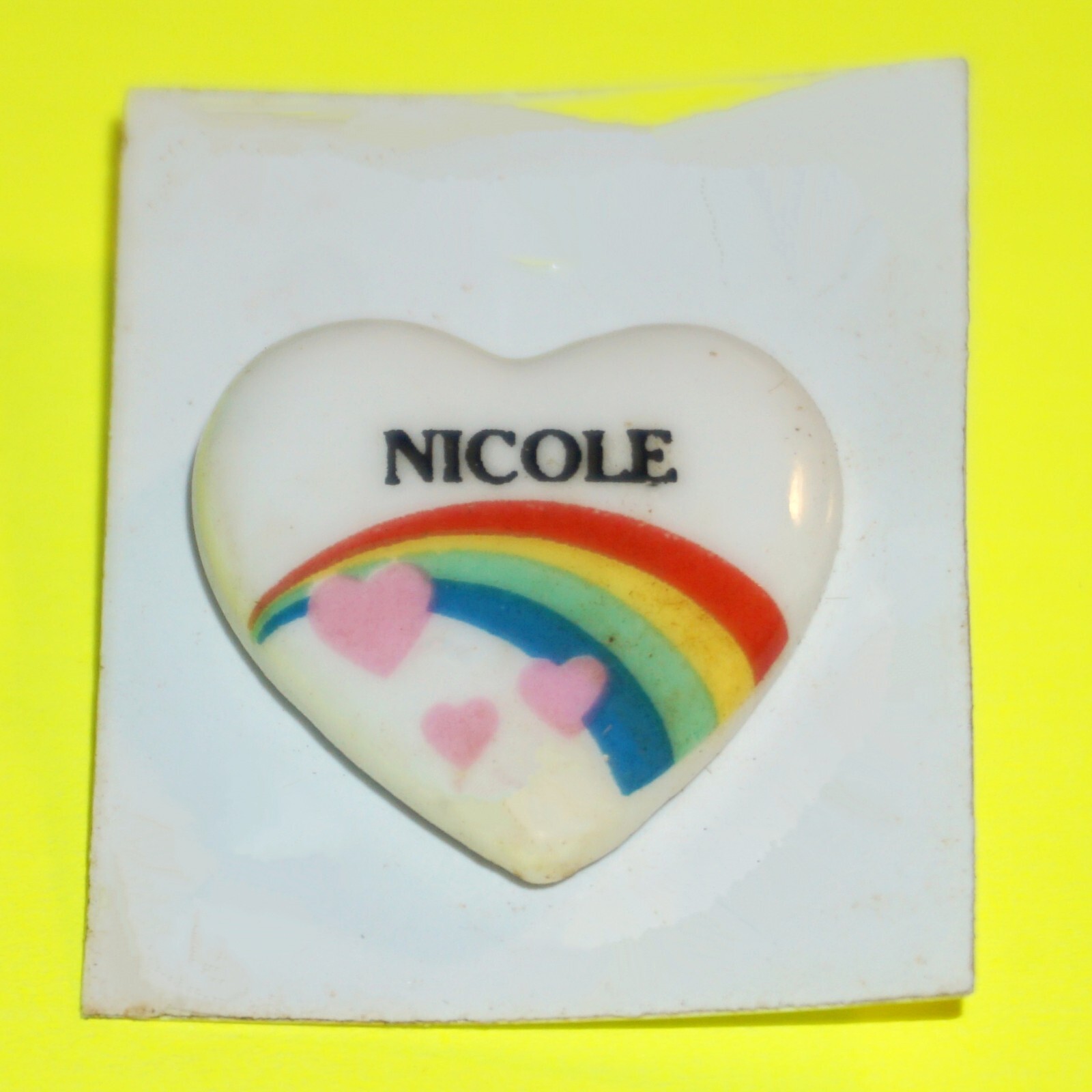 Rainbow Heart Pins on White Vintage 80’s Pick Name Retro Girls Names Hat Bag Etc