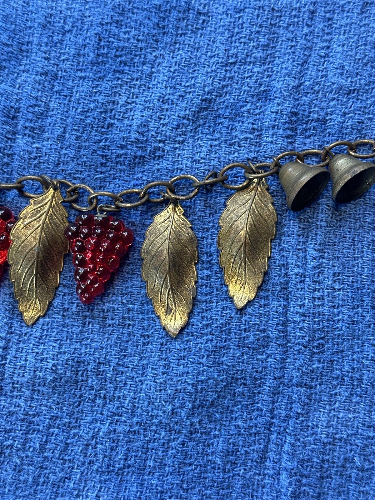 VINTAGE GLASS GRAPE CLUSTERS WITH BRASS BELLS & LEAVES BRACELET COSTUME JEWELERY