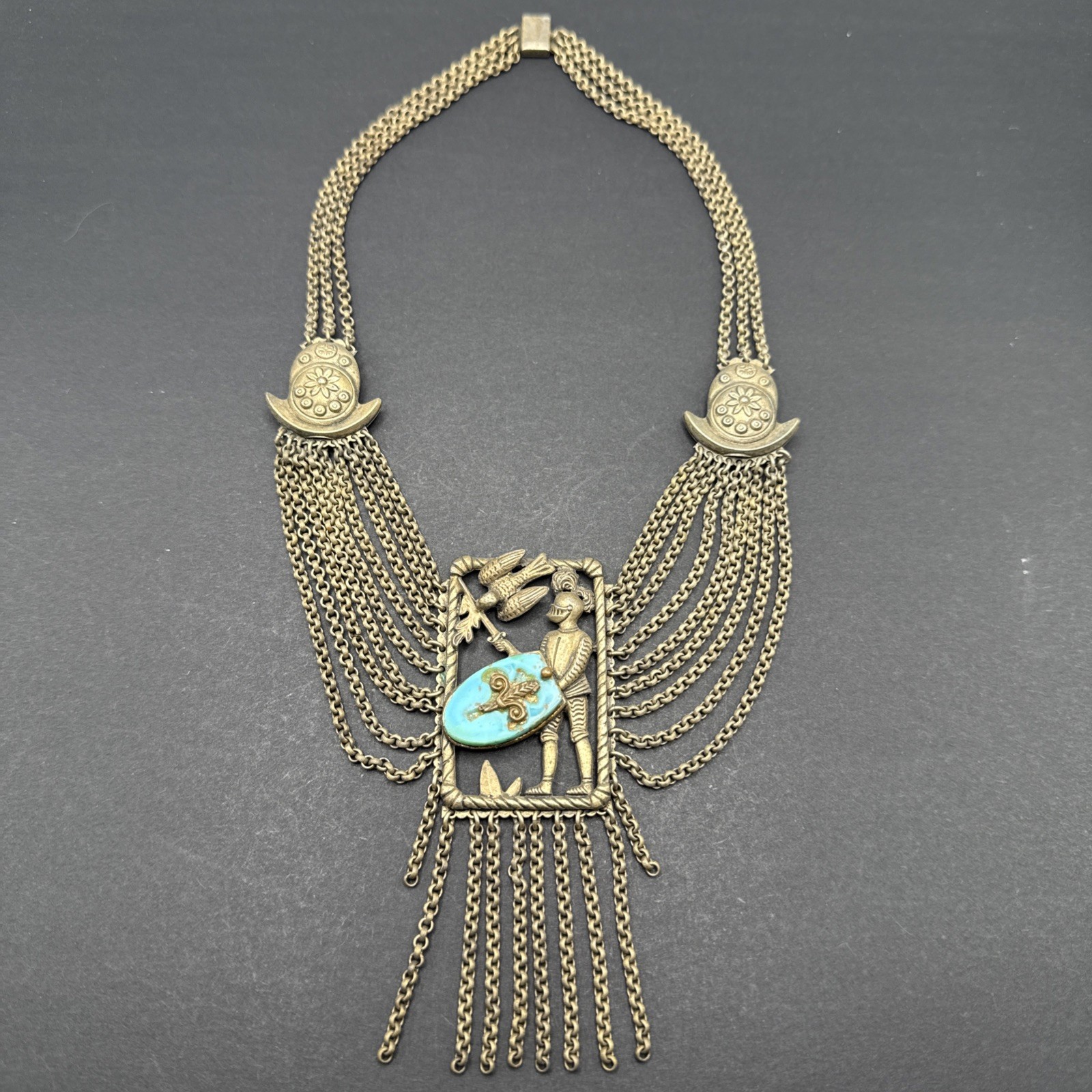 Vintage Knight Sword Shield Festoon Chain Gold Tone Necklace Triangle 15.5” J46