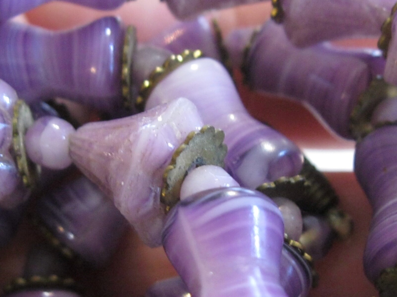 NEIGER BROS ANTIQUE ART DECO CZECH GLASS BEAD NECKLACE RARE PURPLE TAN FLORAL