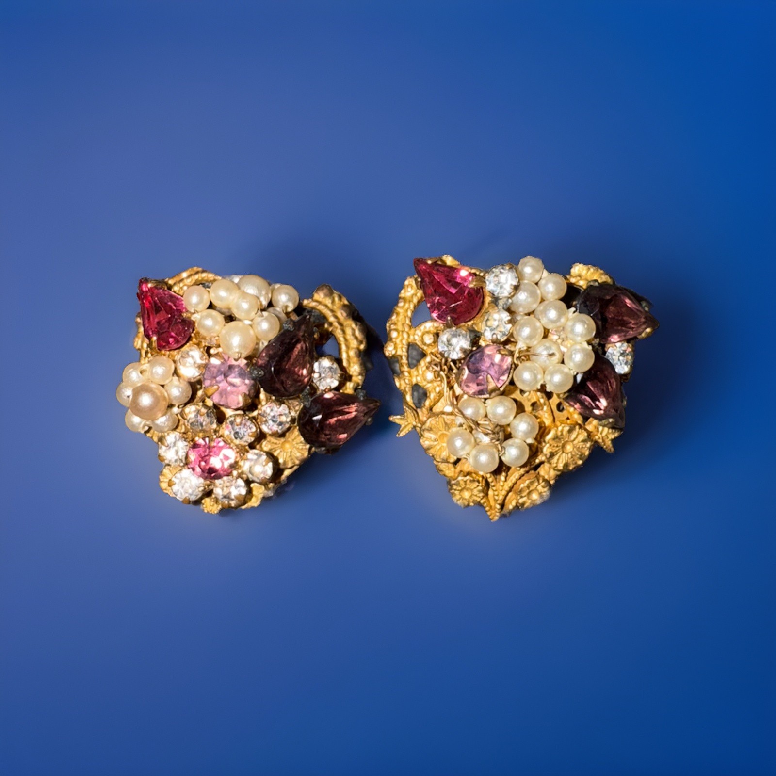 Vintage Earrings Clip Gold-Tone White Pink Purple Flowers (a Few Stones Missing)