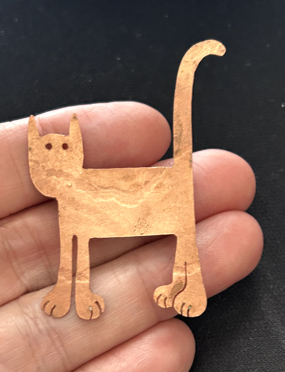 Whimsical Artisan Copper Figural Cat Brooch Pin, Rollover Safety Clasp