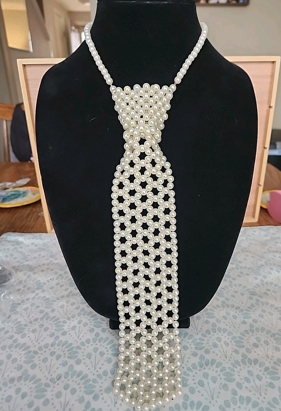 MCM Vintage Faux Pearl Tie Necktie Necklace Hong Kong 18″ Handmade Off White