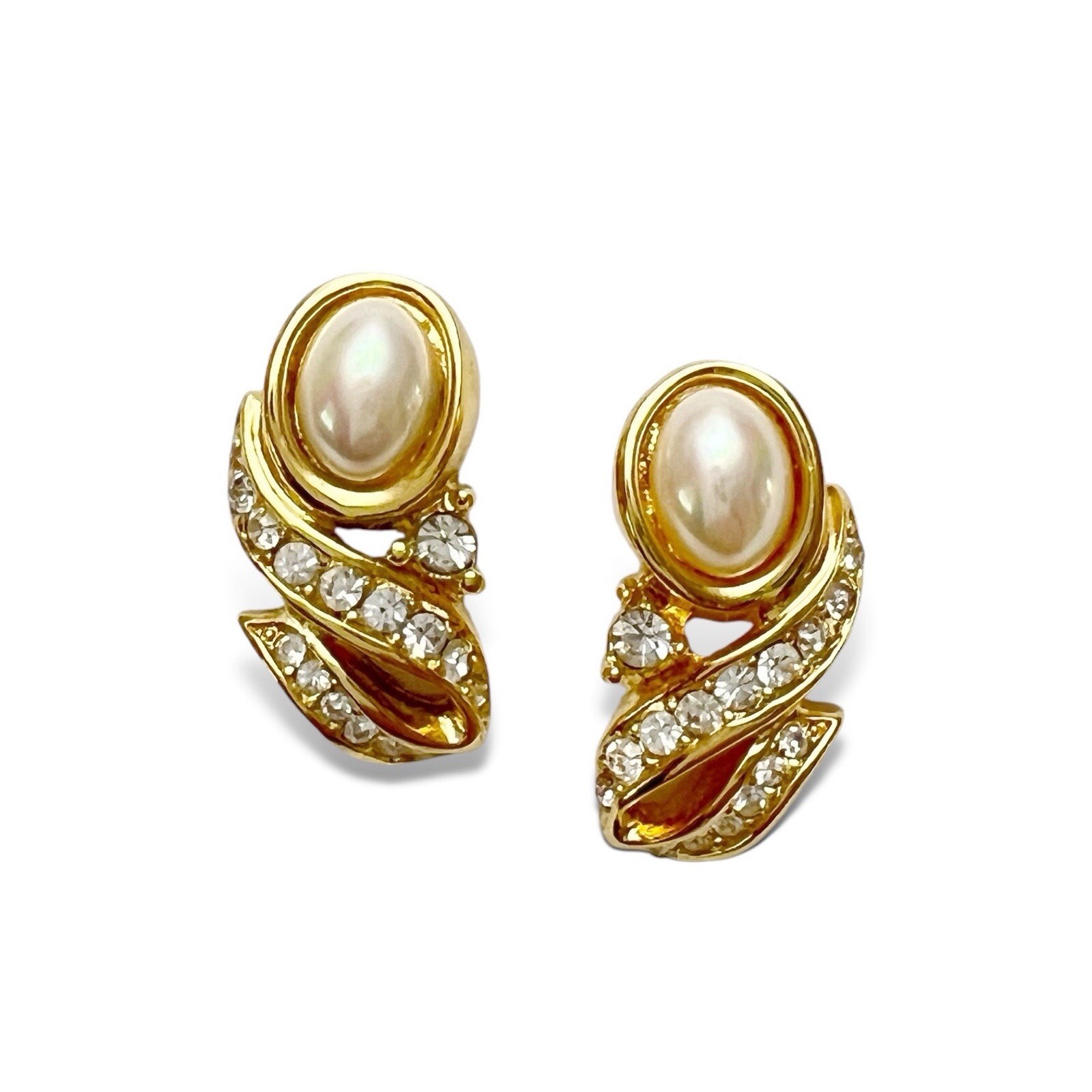 Vintage Faux Pearl Rhinestone Sculptural Swirl Ribbon Goldtone Stud Earrings