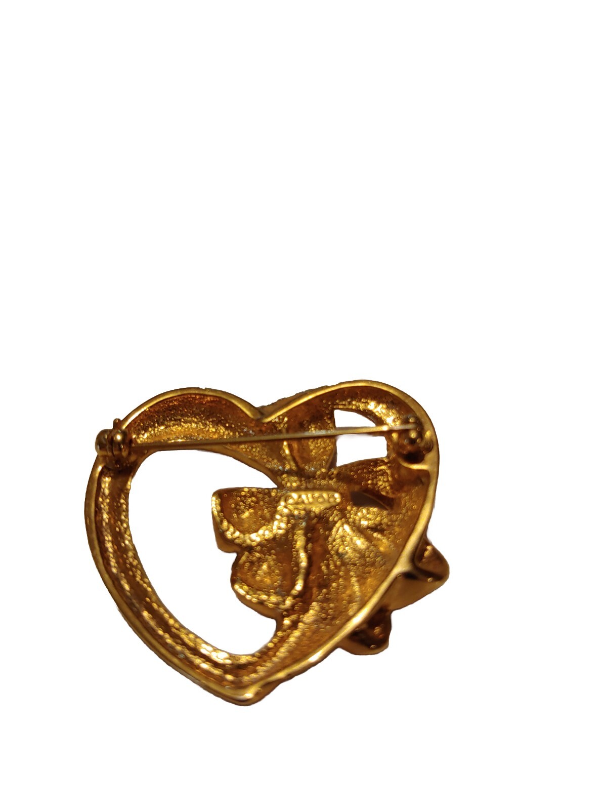Vtg. Avon Heart Bow Brooch, May Emerald Green Birthstone, Gold Tone