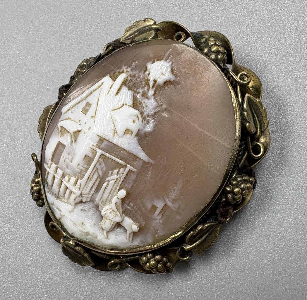 vtg House Brown White Cameo Grapes Brass/Gold Filled? Pin Brooch (needs repair)