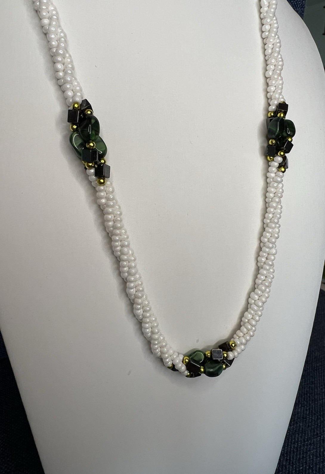 Torsade Necklace-3 Twisted Strands -White Seed Beads w/Green and Black Beads VTG