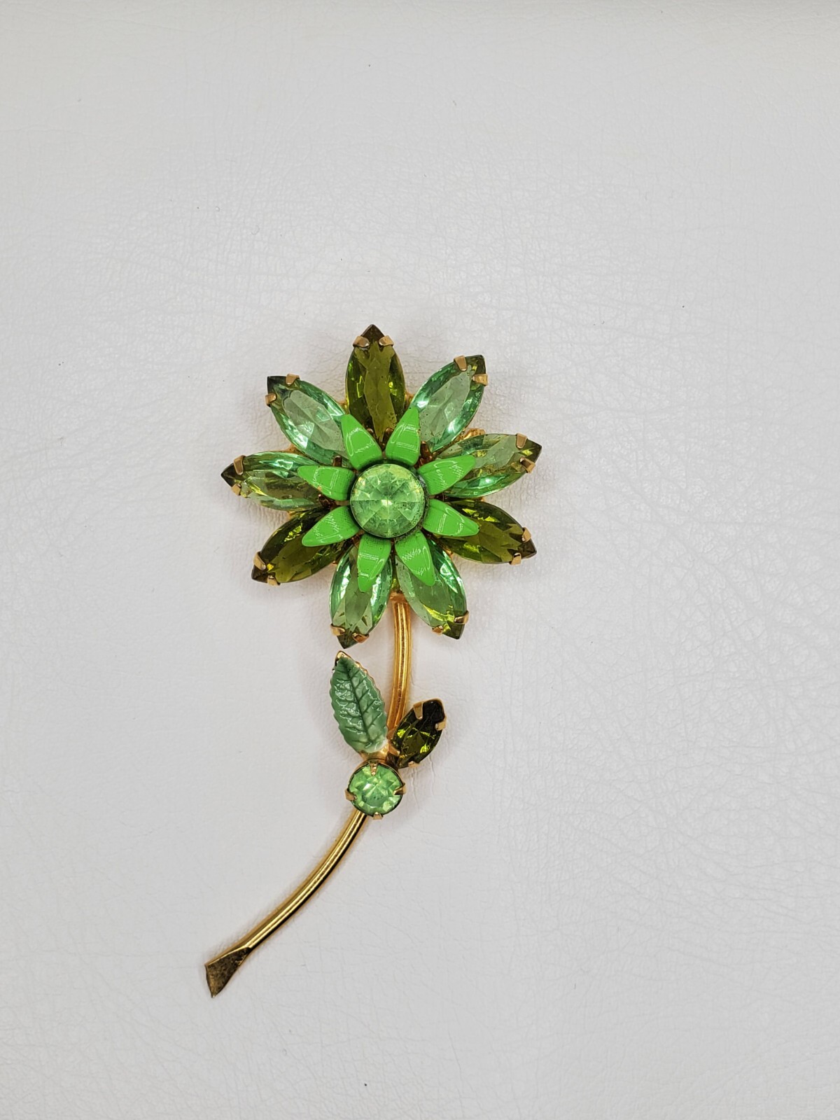 Vintage Adorable Open Back Green Glass , Rhinestones & Enamel Flower Brooch