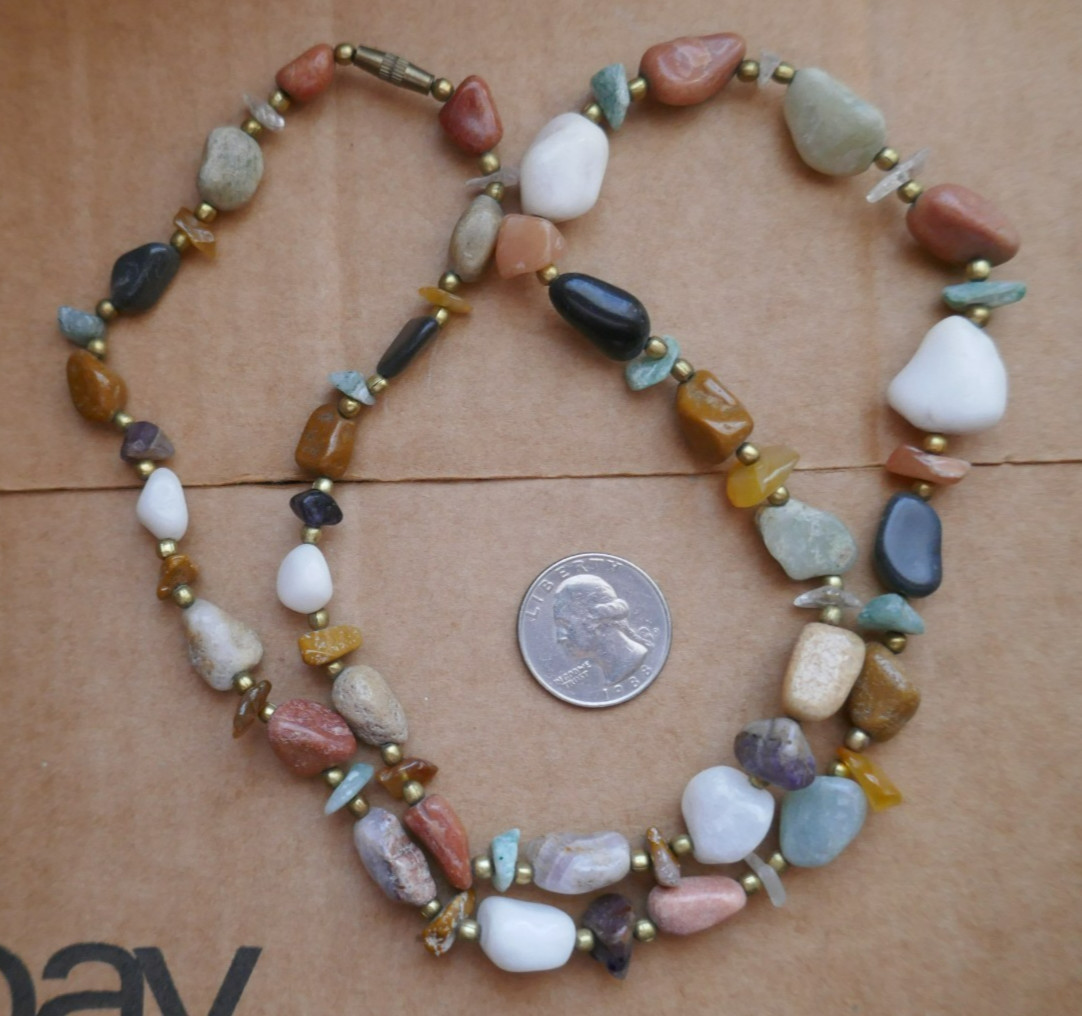 VTG 28″ Earth Tone Beggar Beads Semi Precious Gemstone Necklace w Brass Clasp