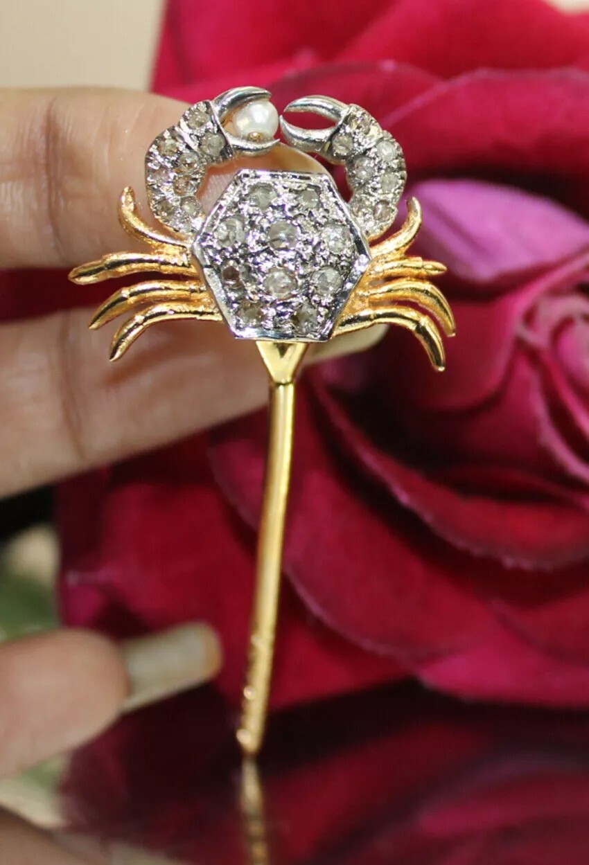 1.10ct Rose Cut Diamond 925 Silver Pearl Anniversary Wedding Crab Stick Pin