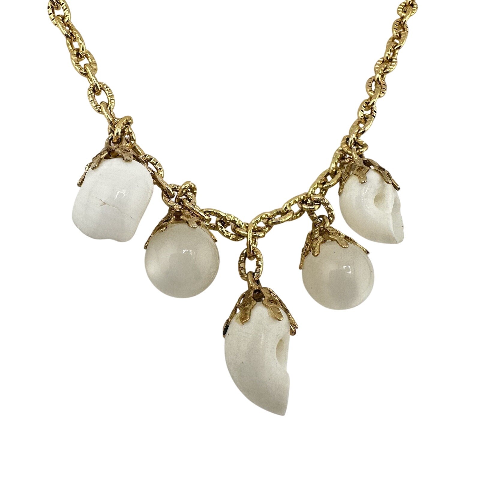 Vintage Natural Shell White Acrylic Cat’s Eye Beads Gold Tone 18” Necklace