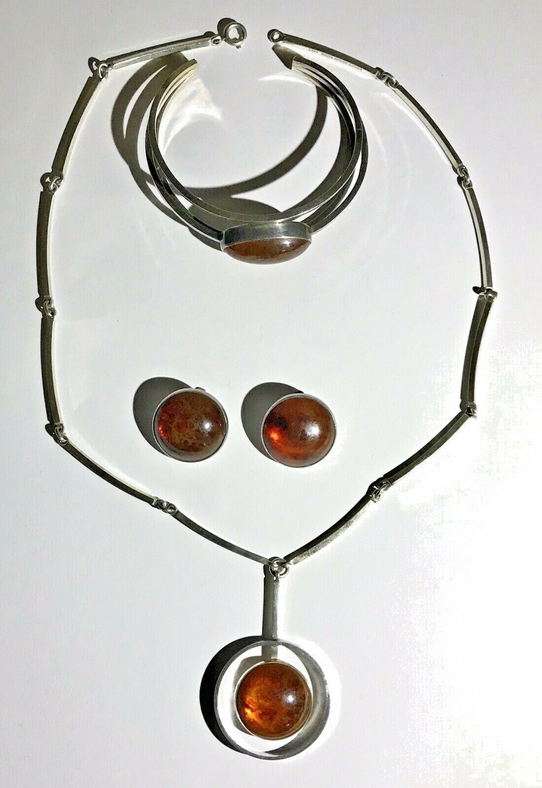 NILS ERIK FROM N.E. STERLING SILVER AMBER SET NECKLACE BRACELET EARRINGS DENMARK