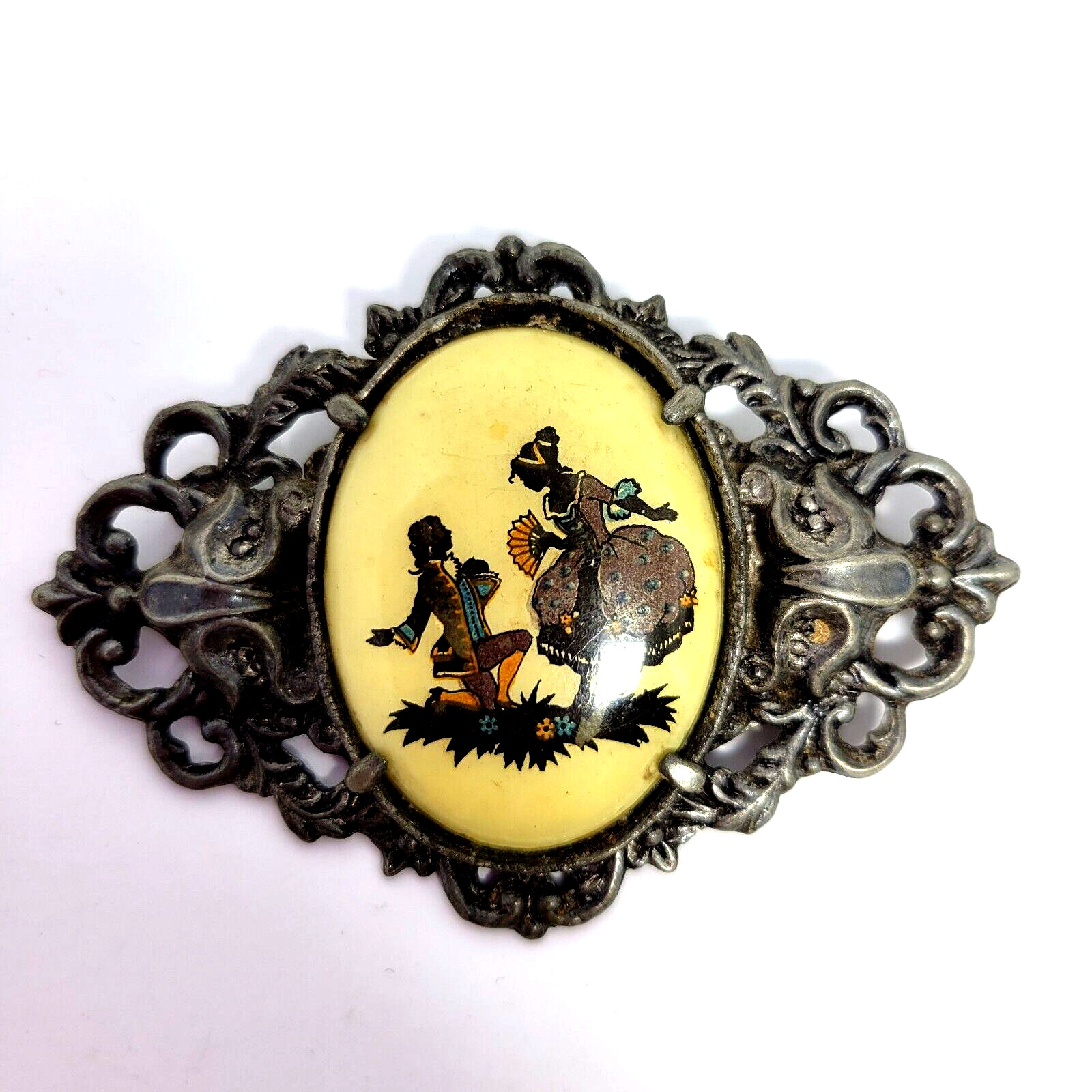 Antique Victorian Porcelain Courting Couple Repousse Pewter Brooch Large