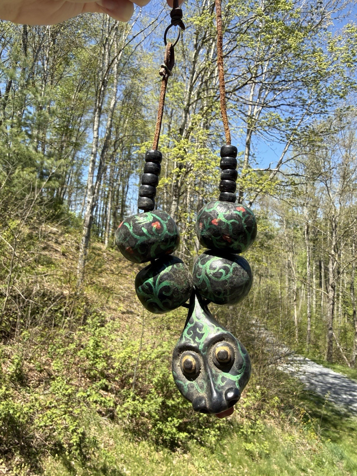 Vintage Folk Art Snake Necklace Hand Painted Beads Leather Cord Tribal Primitive