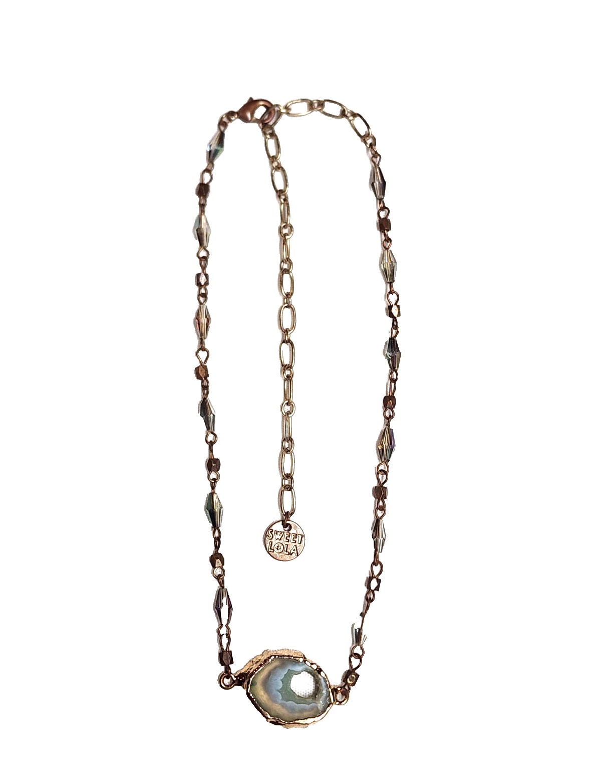 Vintage Sweet Lola Brass Blue Green Beaded Geode Pendant Necklace 17″ Choker
