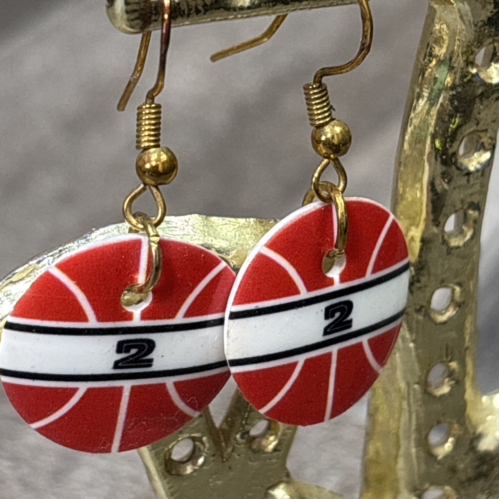 Vintage 925 Sterling Silver Basketball Dangle Earrings Red White Number 2