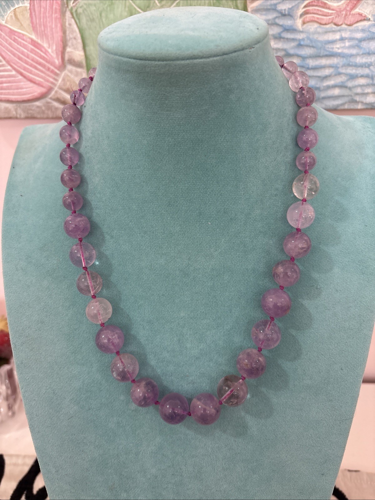 Vintage Chinese Export Sterling Silver Clasp Hand Knotted Amethyst Necklace 20″