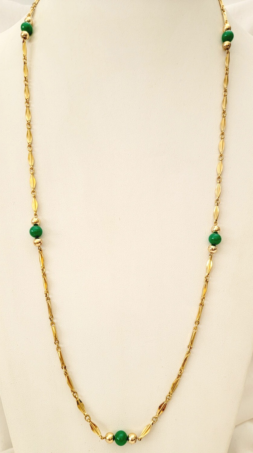 Vintage Green Peking Glass Beads Station Gold Tone Bar Link Chain Necklace 32″ L