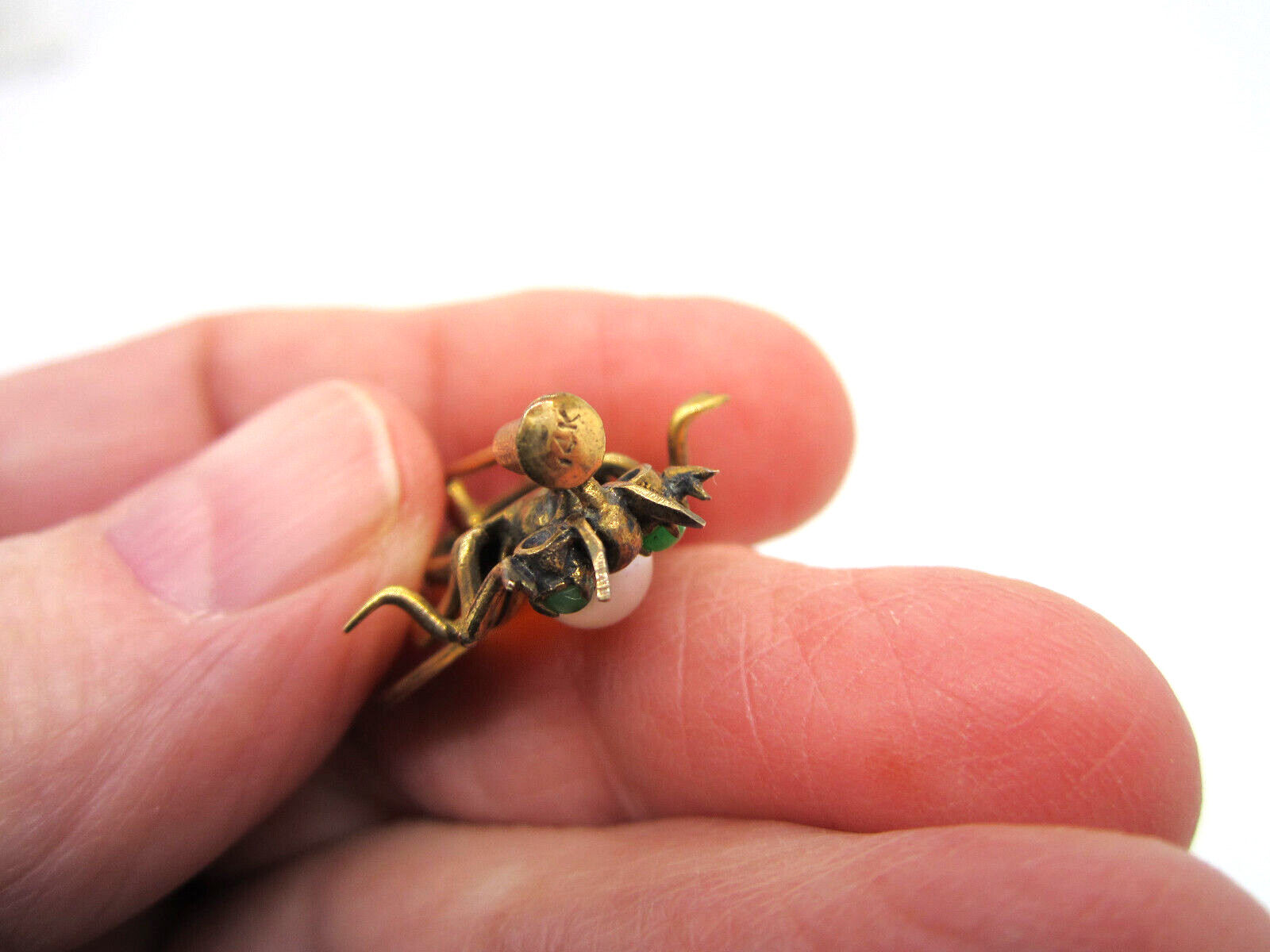 Estate Vintage 14k Yellow Gold Orange Opal Pearl Jade Fly Insect Bee Brooch