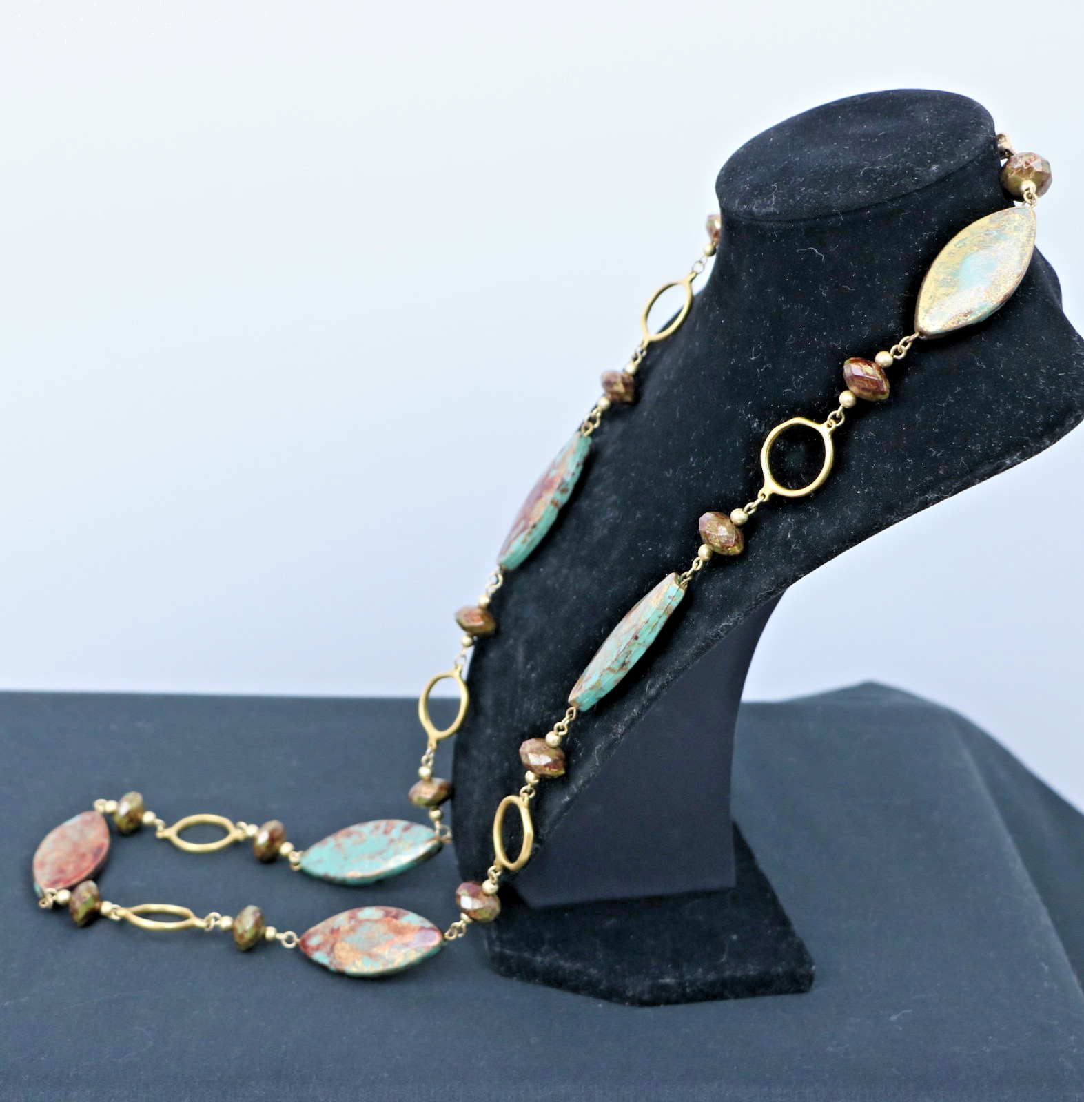 Boho Long Necklace Turquoise & Rust Marquise Beads Gold Tone Station Chain