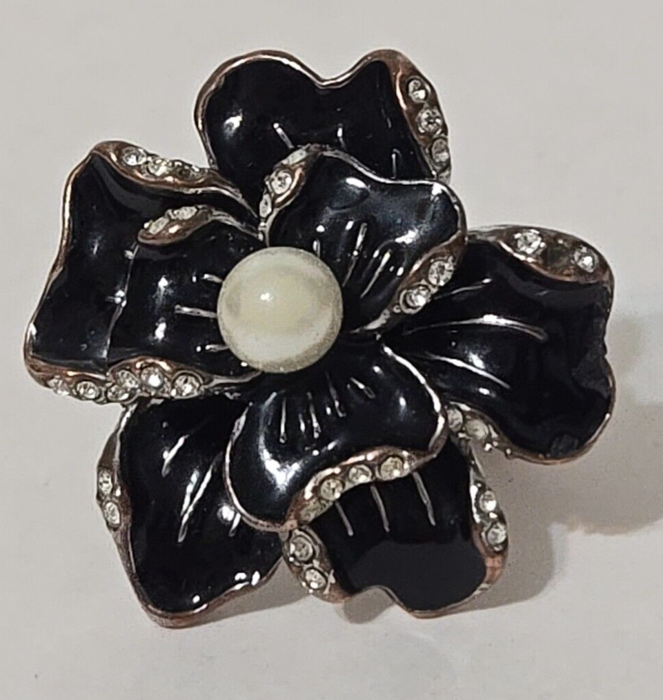 RA Robert Allison Black Enamel Faux Pearl Rhinestone Copper Pewter Ring