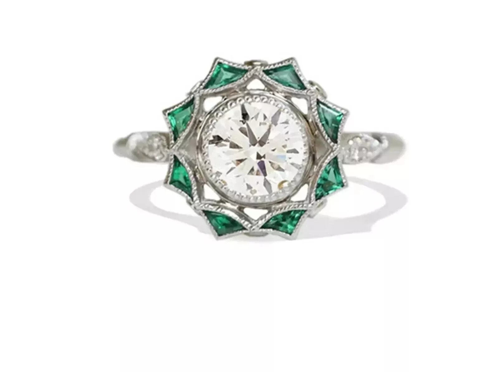 Art Deco Vintage Style Lab Created Diamond & Emerald Wedding 14K White Gold FN