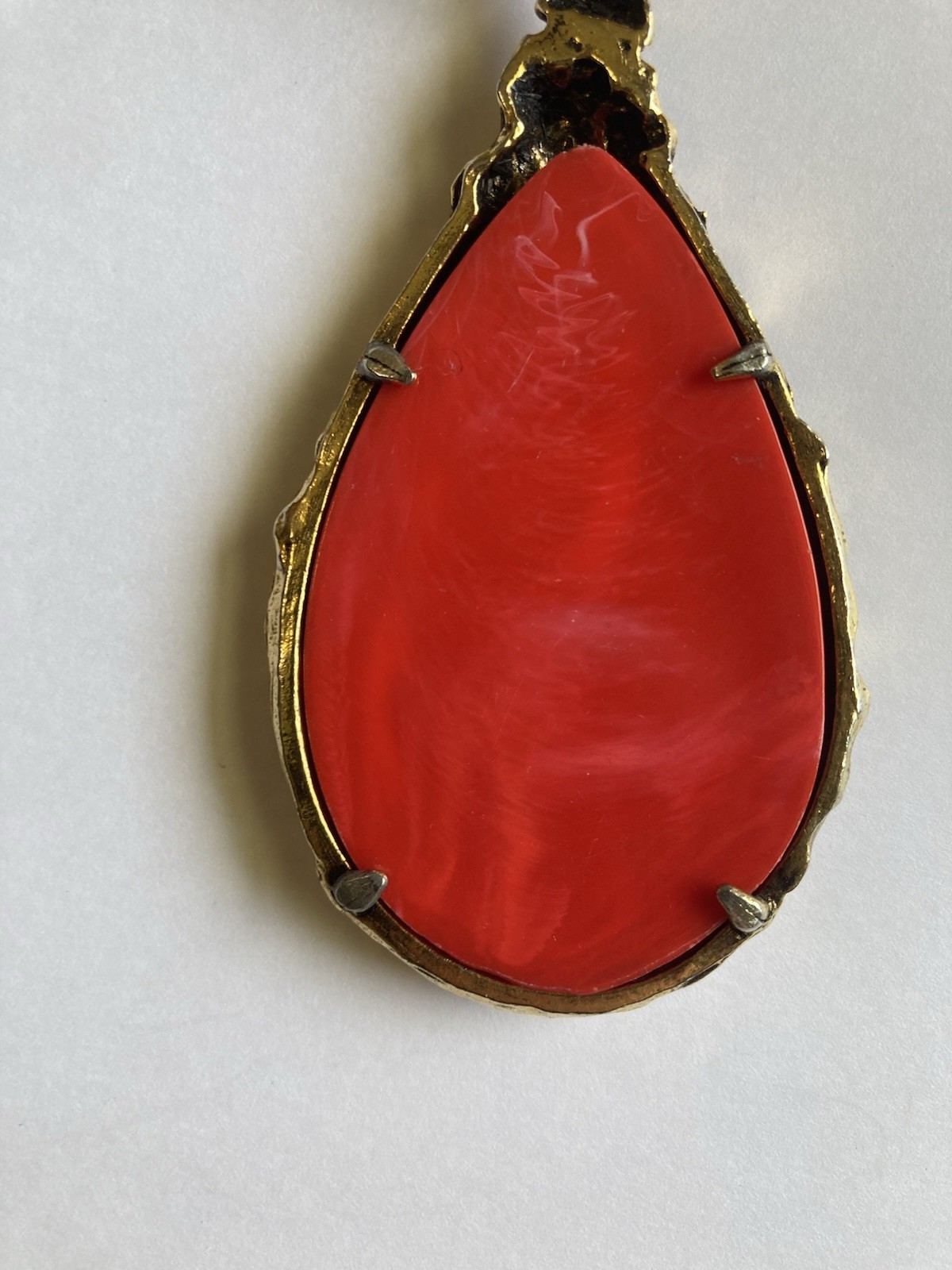 Vintage 1960s Brutalist Love Witch Necklace Deep Coral Lucite Gold Pendant