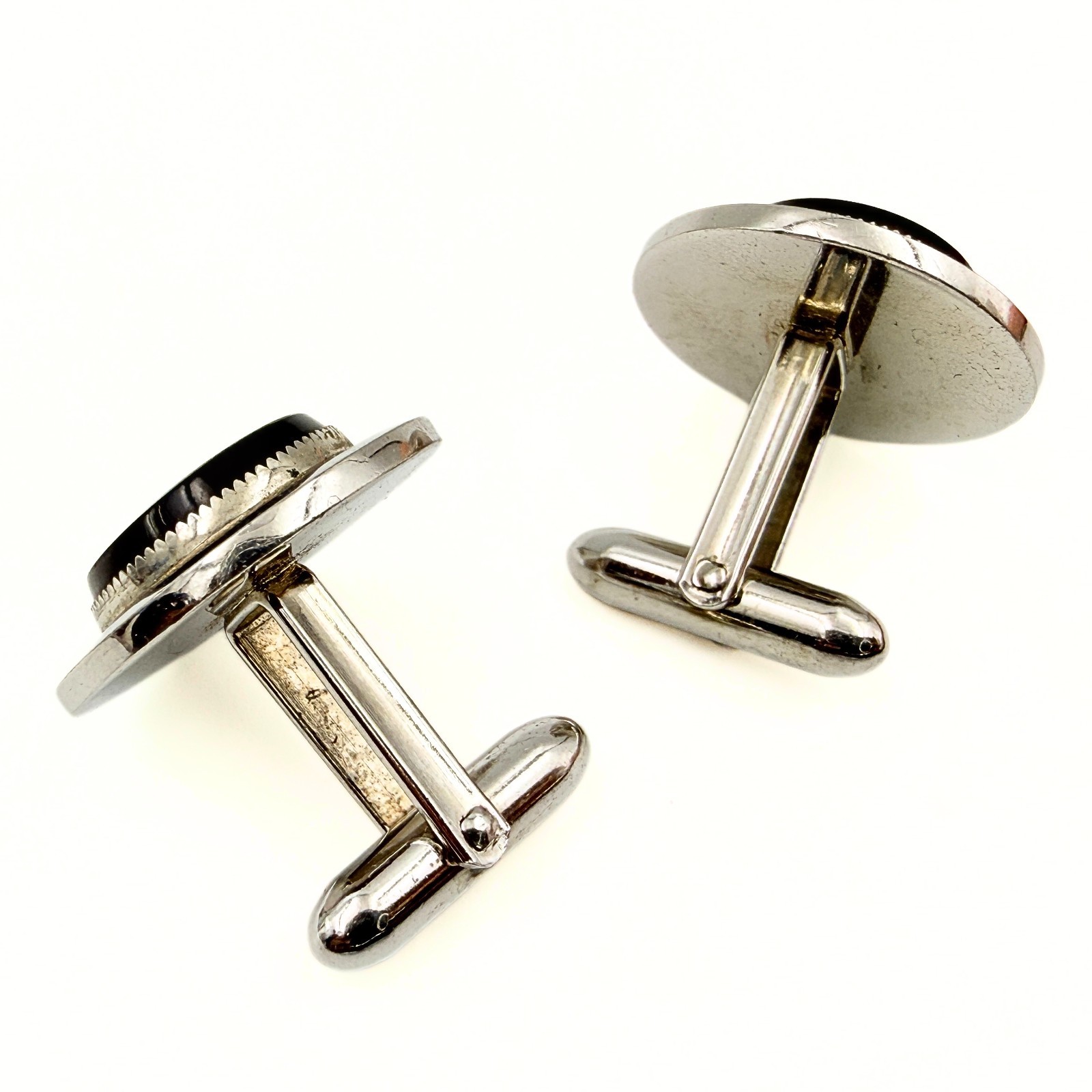 Hadley Signed MCM Round Black Glass “Mad Men” Era Textured Cufflinks