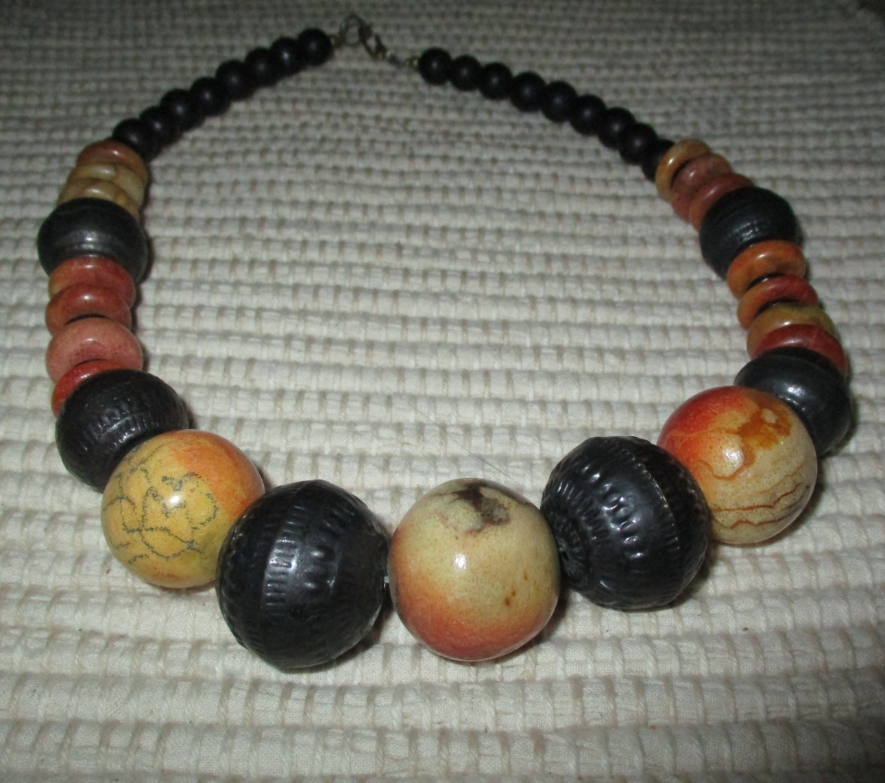 Vintage HUGE CHUNKY ARTISAN Bead Necklace Ceramic Metal Wood & Lucite WAY COOL!