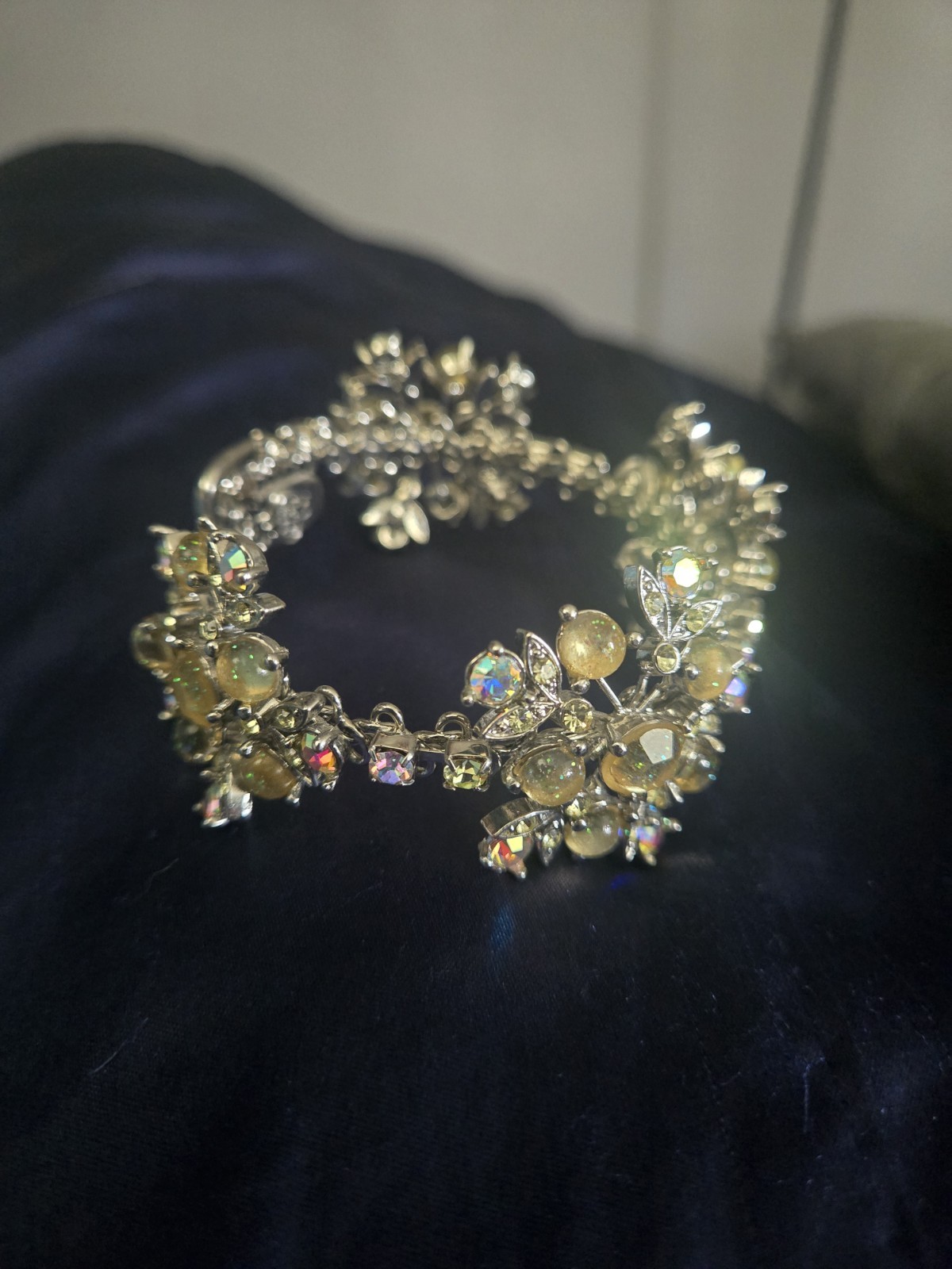 Vintage Tiara Misu Floral Cluster Link Bracelet Silver Tone AB Rhinestones